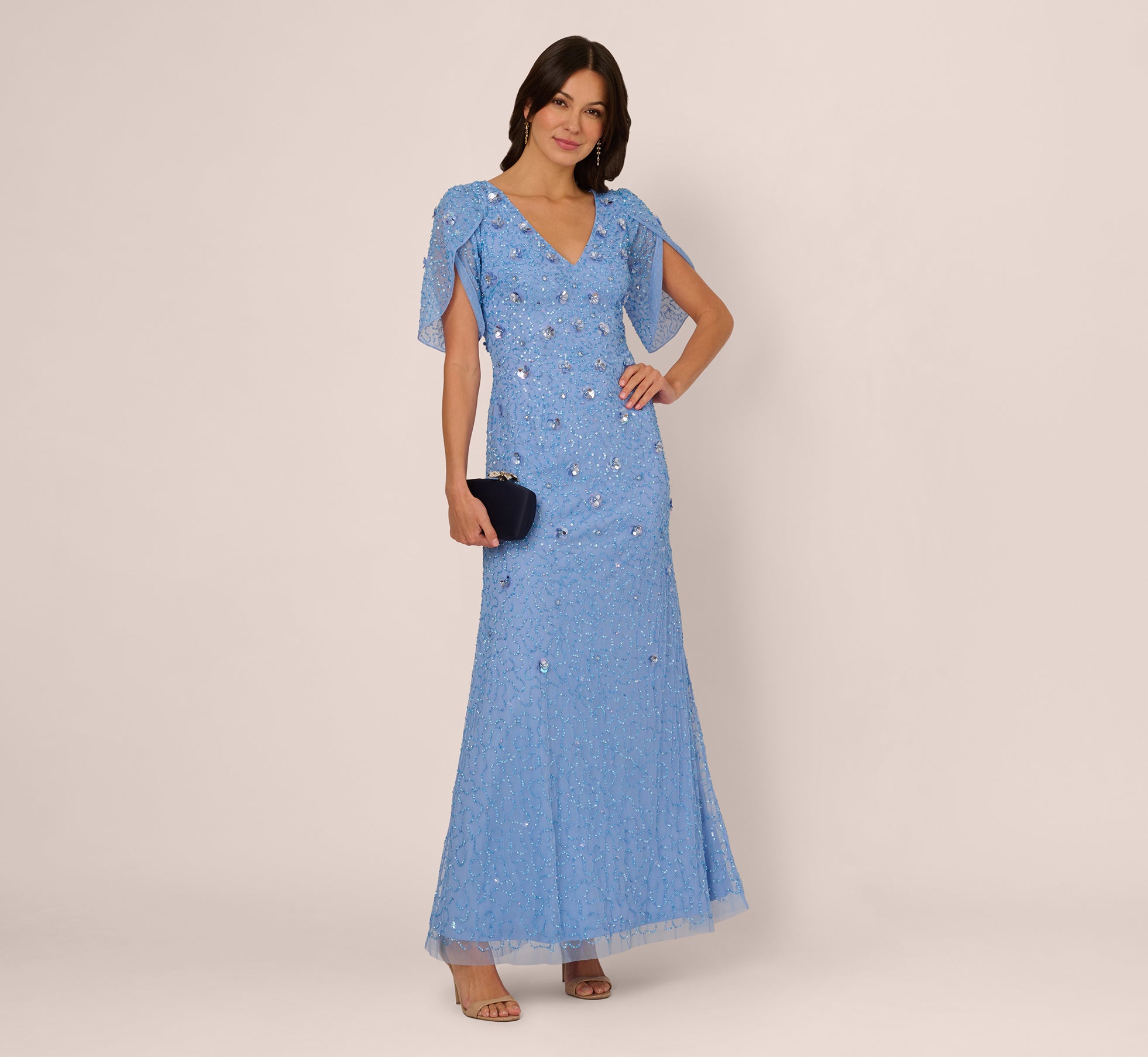 Light Blue Tulip Sleeve 3D Floral Beaded Mermaid Dress - Adrianna Papell Light Blue Tulip Sleeve 3D Floral Beaded Mermaid Dress - Adrianna Papell