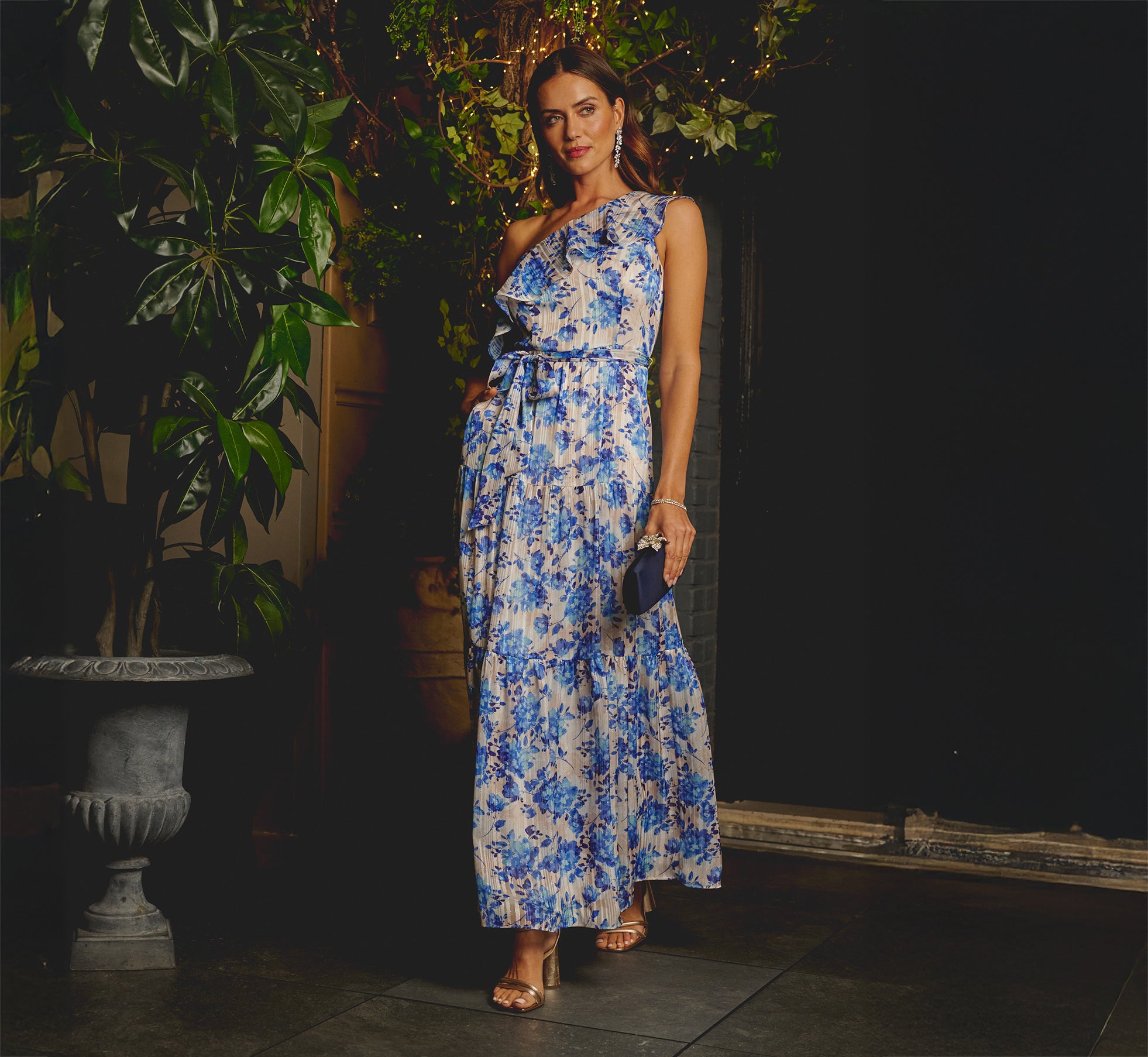 One Shoulder Metallic Stripe Floral Maxi Dress in Champagne Blue Multi One Shoulder Metallic Stripe Floral Maxi Dress in Champagne Blue Multi