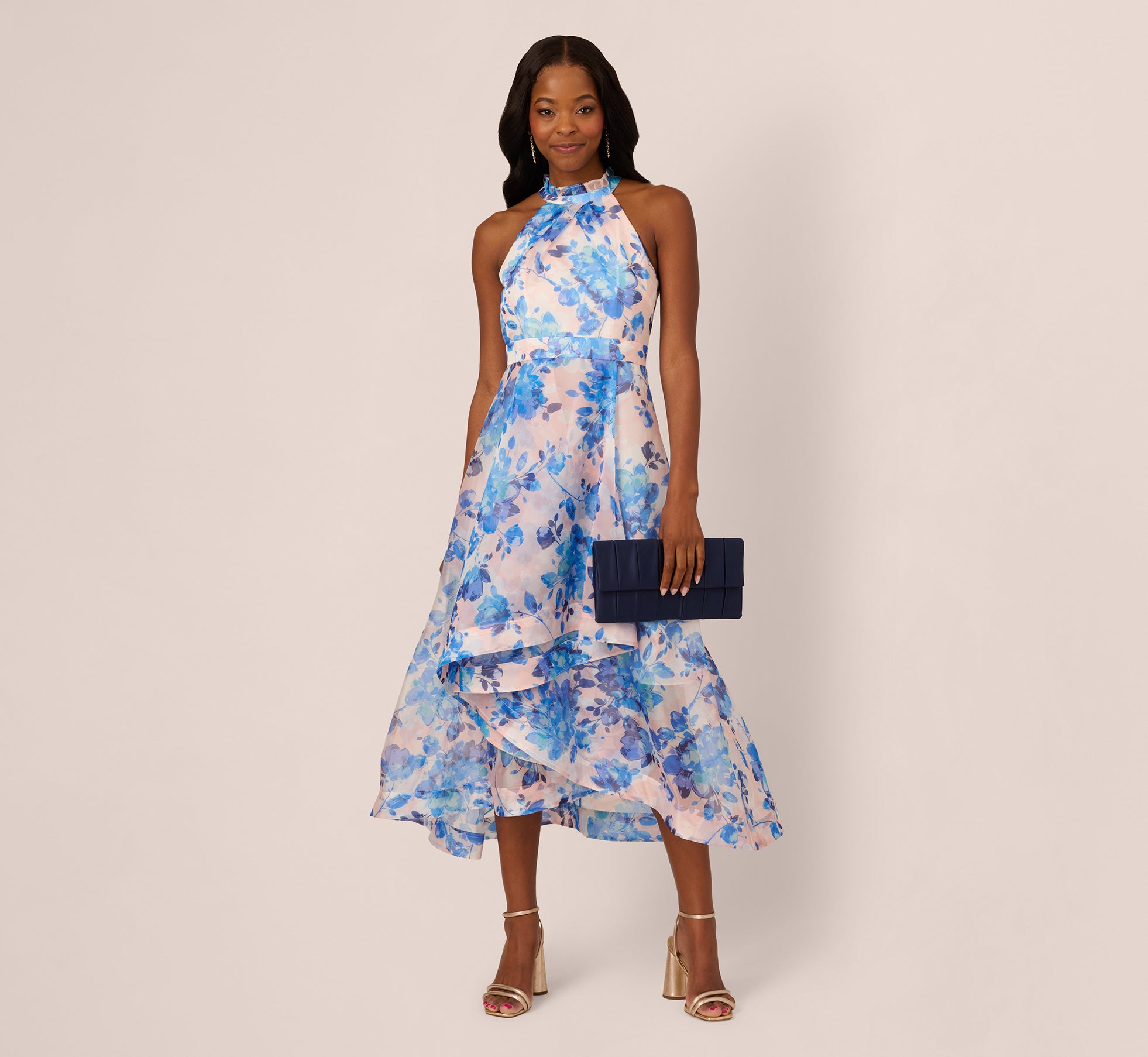 Blue Sleeveless Floral Organza High Low Dress - Adrianna Papell Blue Sleeveless Floral Organza High Low Dress - Adrianna Papell