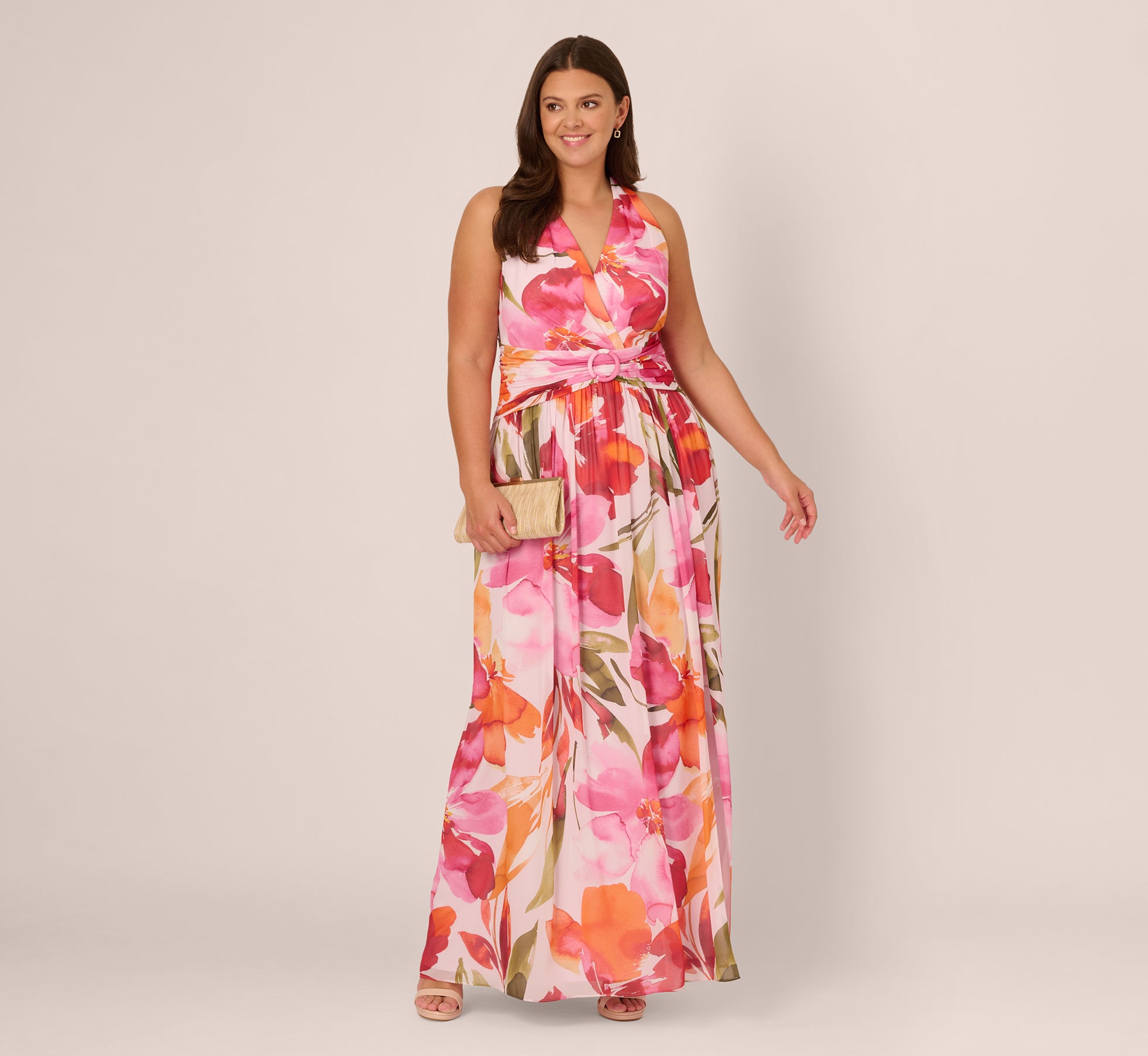 Pink Plus Size Sleeveless Surplice Floral Chiffon Gown - Adrianna Papell Pink Plus Size Sleeveless Surplice Floral Chiffon Gown - Adrianna Papell