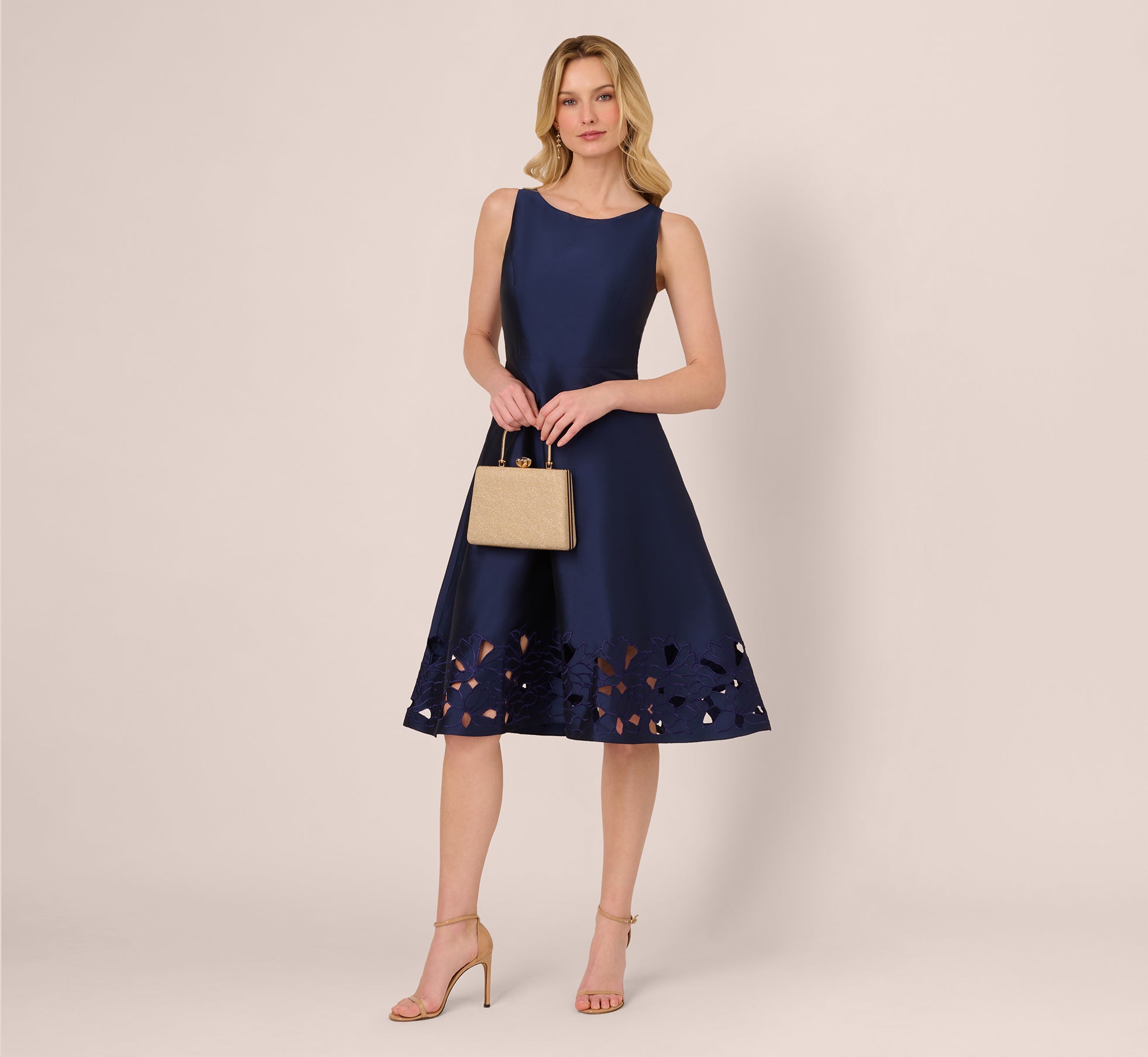 Sleeveless Taffeta Floral Cutwork Midi Dress In Light Navy Sleeveless Taffeta Floral Cutwork Midi Dress In Light Navy