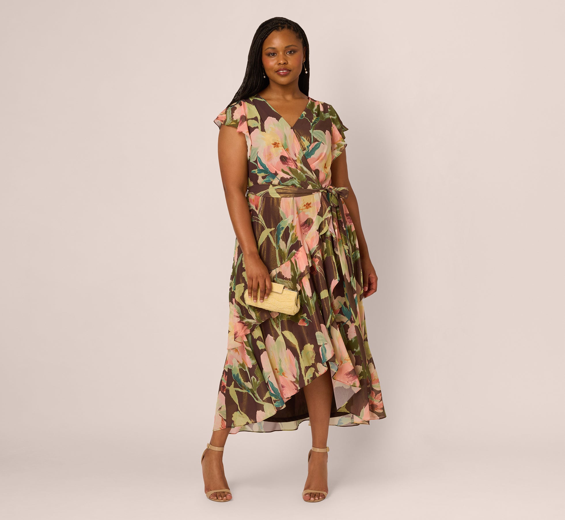 Brown Plus Size Flutter Sleeve High Low Midi Wrap Dress - Adrianna Papell Brown Plus Size Flutter Sleeve High Low Midi Wrap Dress - Adrianna Papell