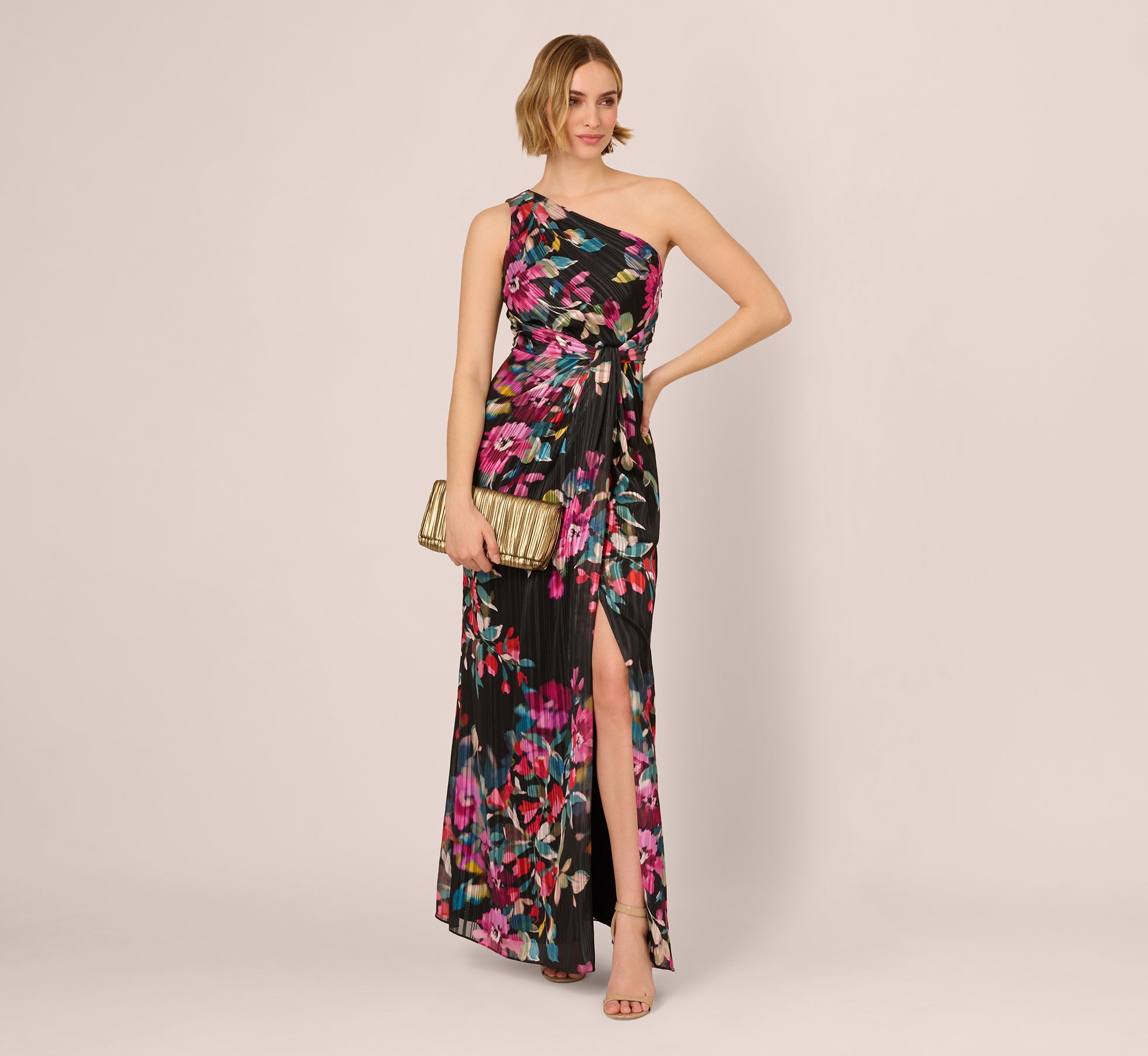 Multi Colored One Shoulder Metallic Floral Stripe Gown - Adrianna Papell Multi Colored One Shoulder Metallic Floral Stripe Gown - Adrianna Papell