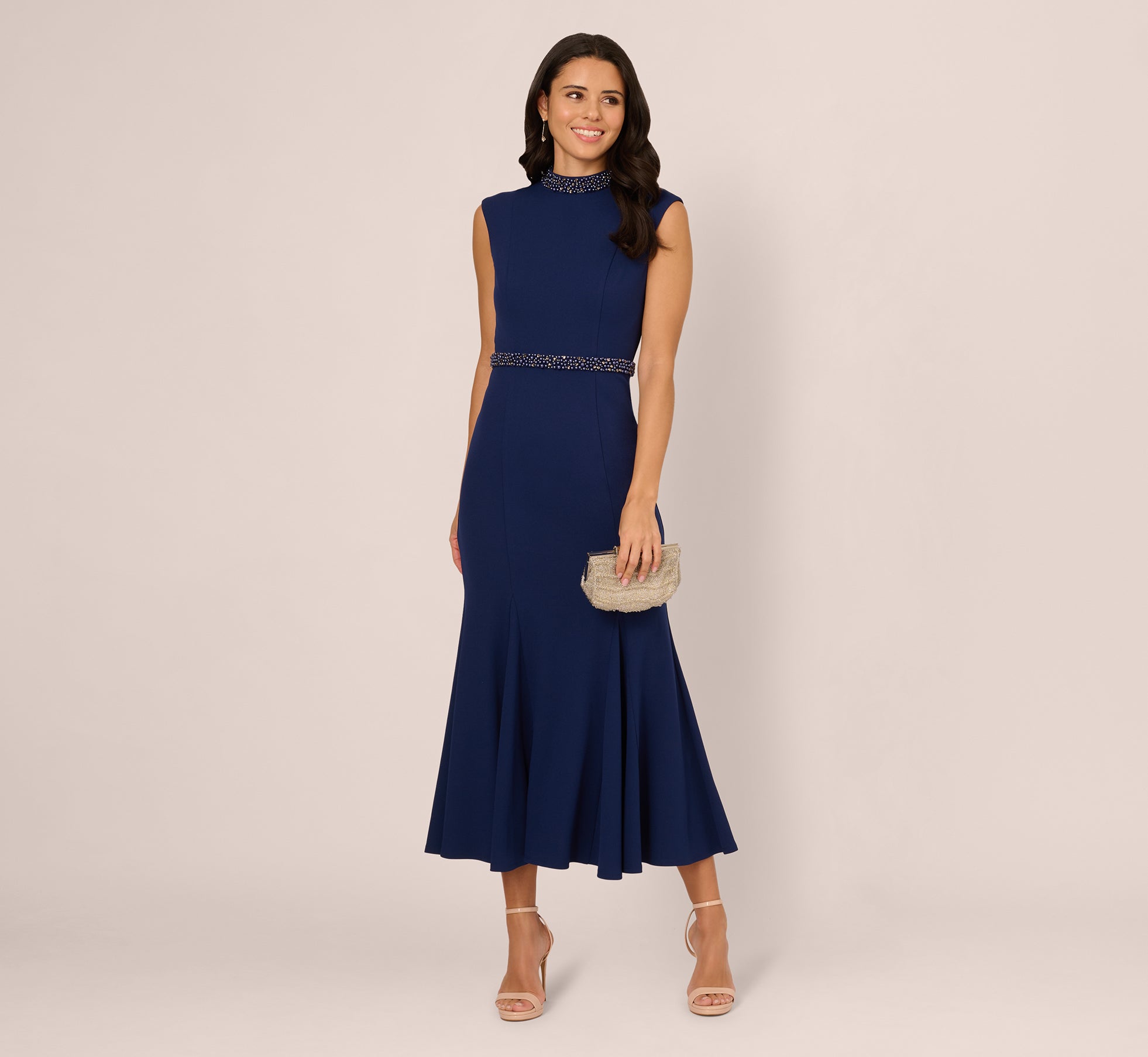 Navy Sleeveless Mock Neck Pearly Midi Dress - Adrianna Papell Navy Sleeveless Mock Neck Pearly Midi Dress - Adrianna Papell