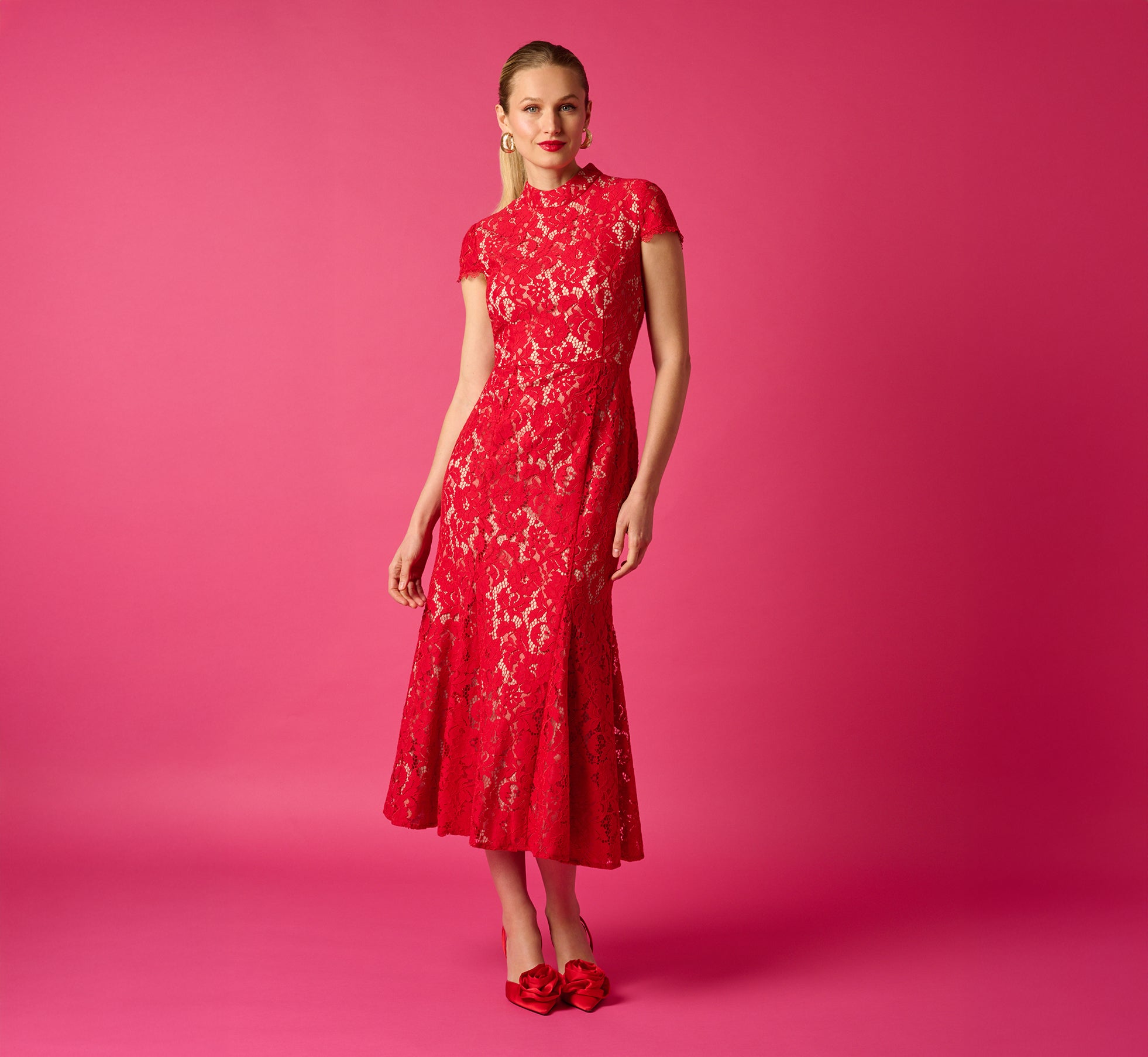Cap Sleeve Lace Midi Dress in Red Nude Cap Sleeve Lace Midi Dress in Red Nude