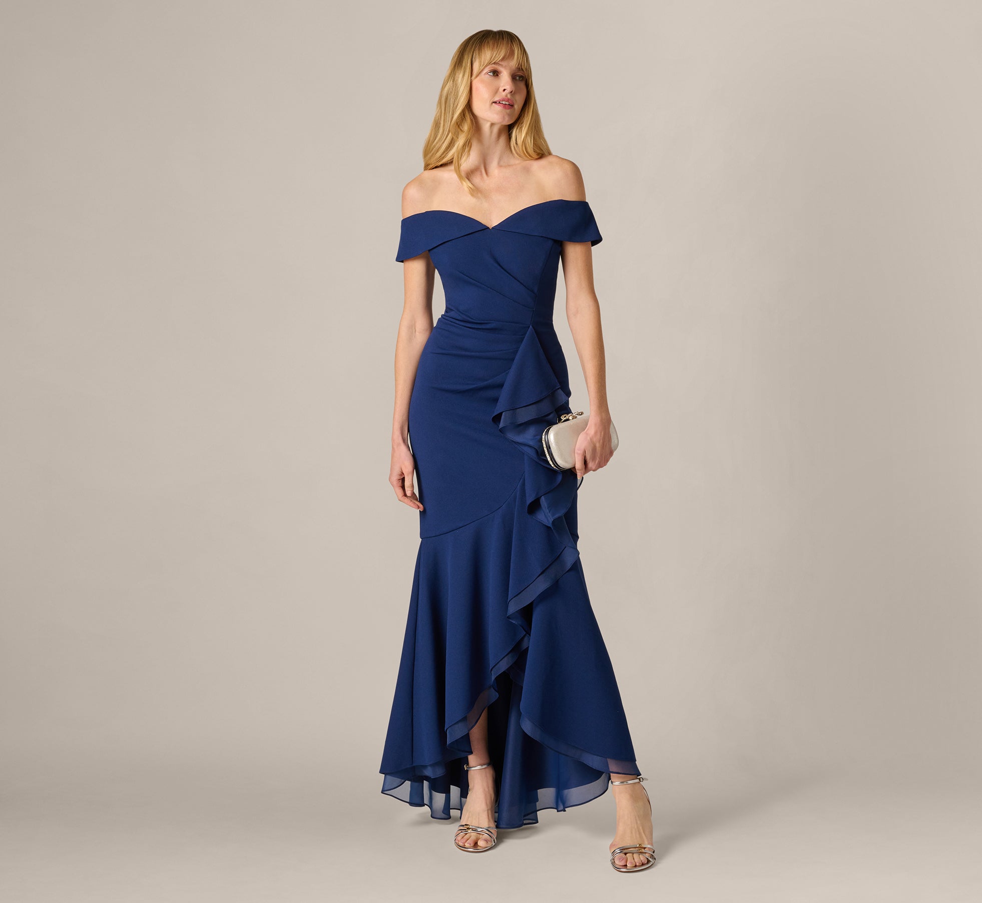 Adrianna Papell Women's Off-The-Shoulder Midi Gown - Navy Satin - Size 8 Adrianna Papell Women's Off-The-Shoulder Midi Gown - Navy Satin - Size 8