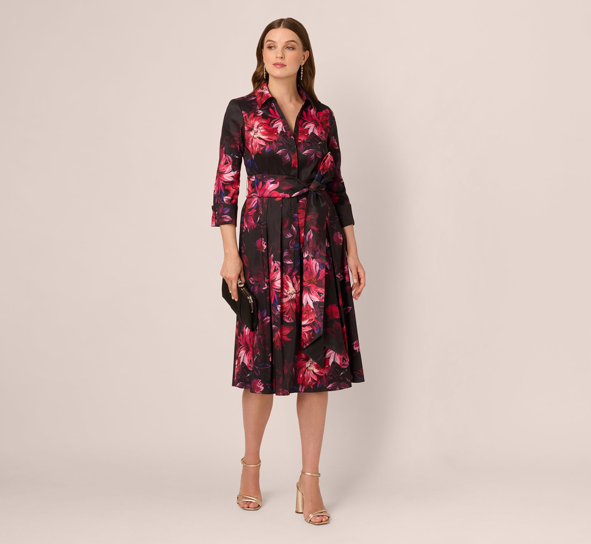 Adrianna Papell Women's Printed Taffeta Shirt Dress - Black Multi Adrianna Papell Women's Printed Taffeta Shirt Dress - Black Multi