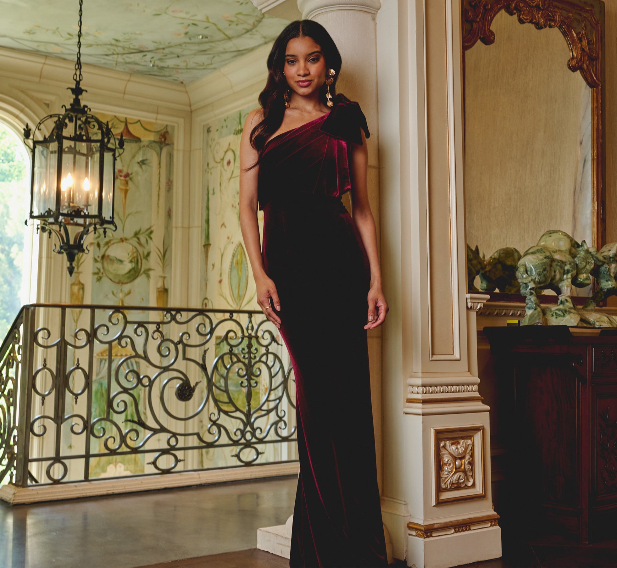 Adrianna Papell One-shoulder Velvet Bow Gown - Bordeaux Adrianna Papell One-shoulder Velvet Bow Gown - Bordeaux