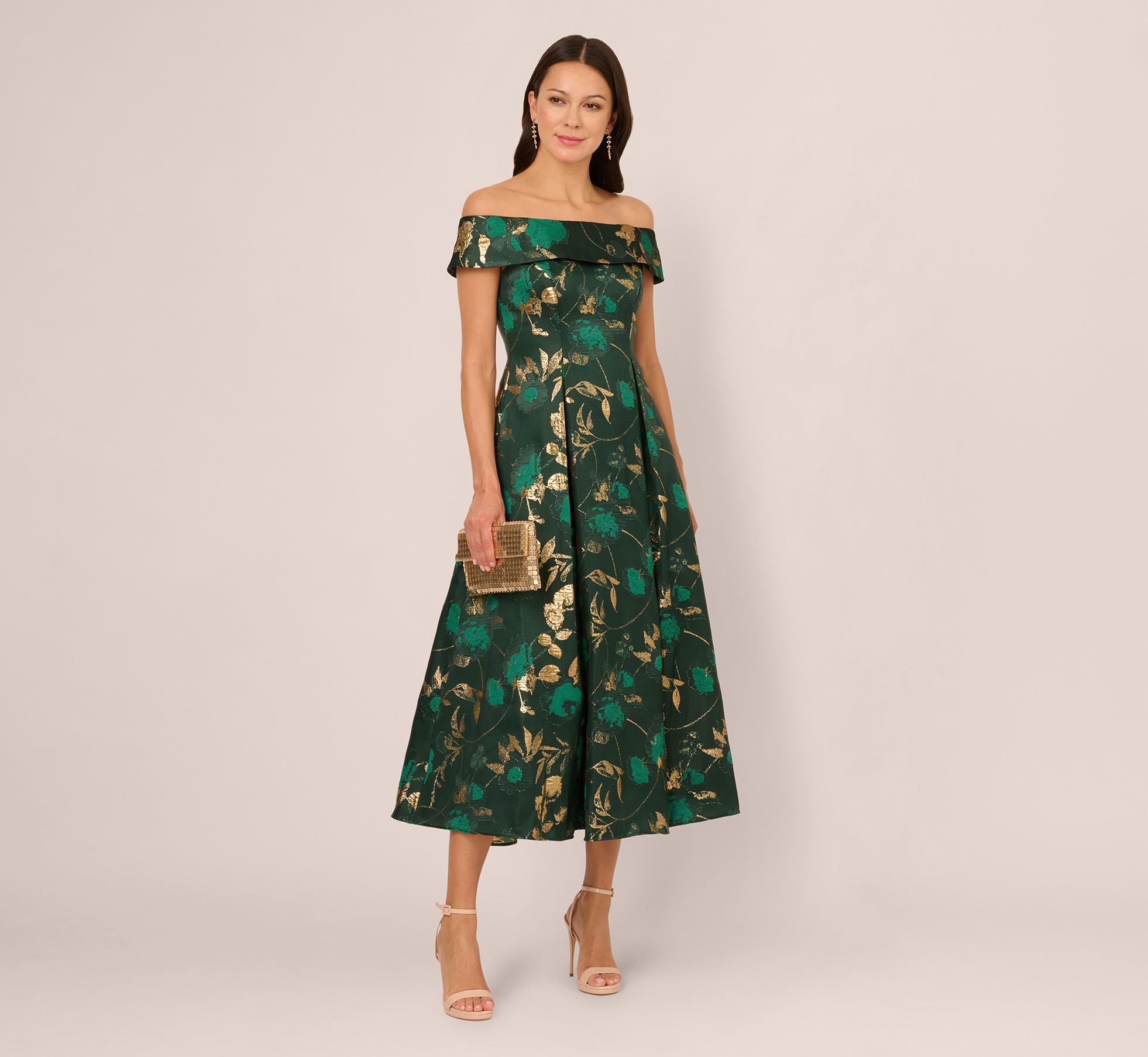 Off Shoulder Metallic Jacquard Midi Dress In Hunter Gold - Adrianna Papell Off Shoulder Metallic Jacquard Midi Dress In Hunter Gold - Adrianna Papell