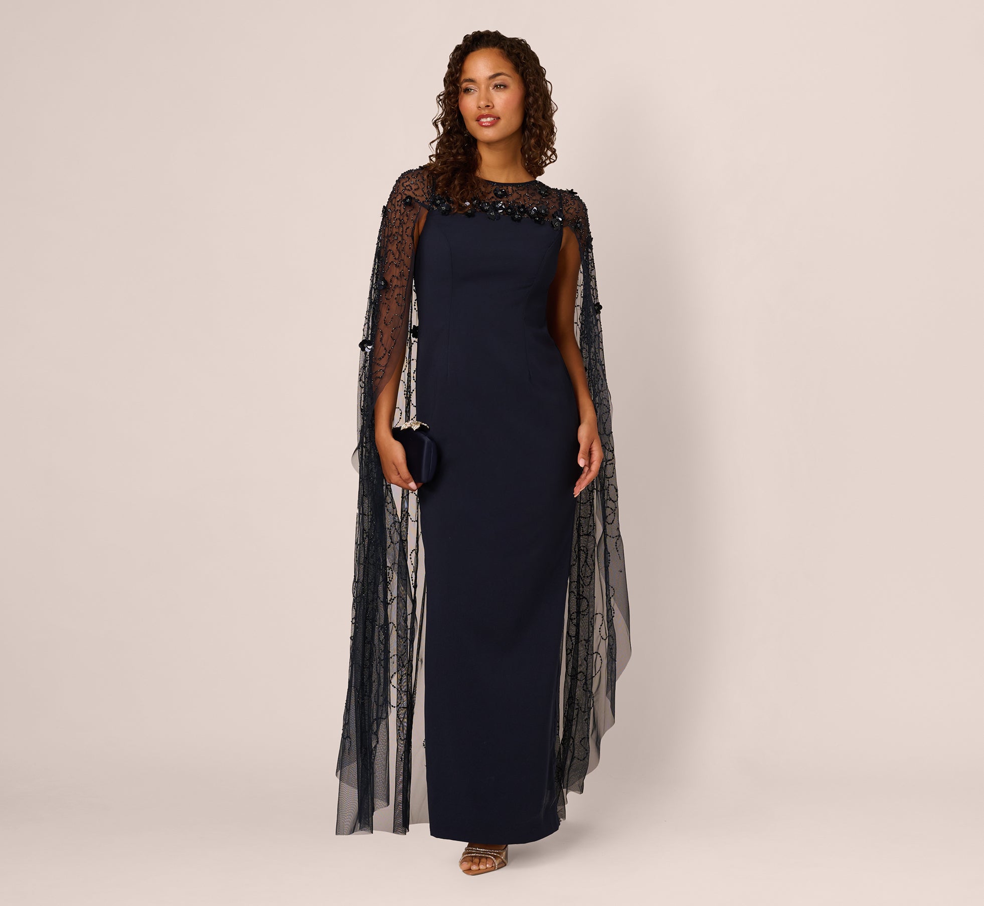 cape dresses formal Strapless Glitter Print Gown with By Ladivine J834 - Women Evening Gown and beautiful at your special event Cape-Sleeve Open-Back Long Formal Dress