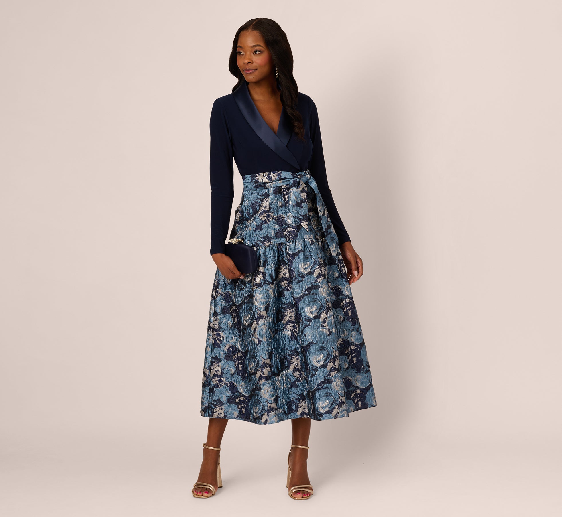 Navy Long Sleeve Tuxedo Jacquard Combo Gown - Adrianna Papell Navy Long Sleeve Tuxedo Jacquard Combo Gown - Adrianna Papell