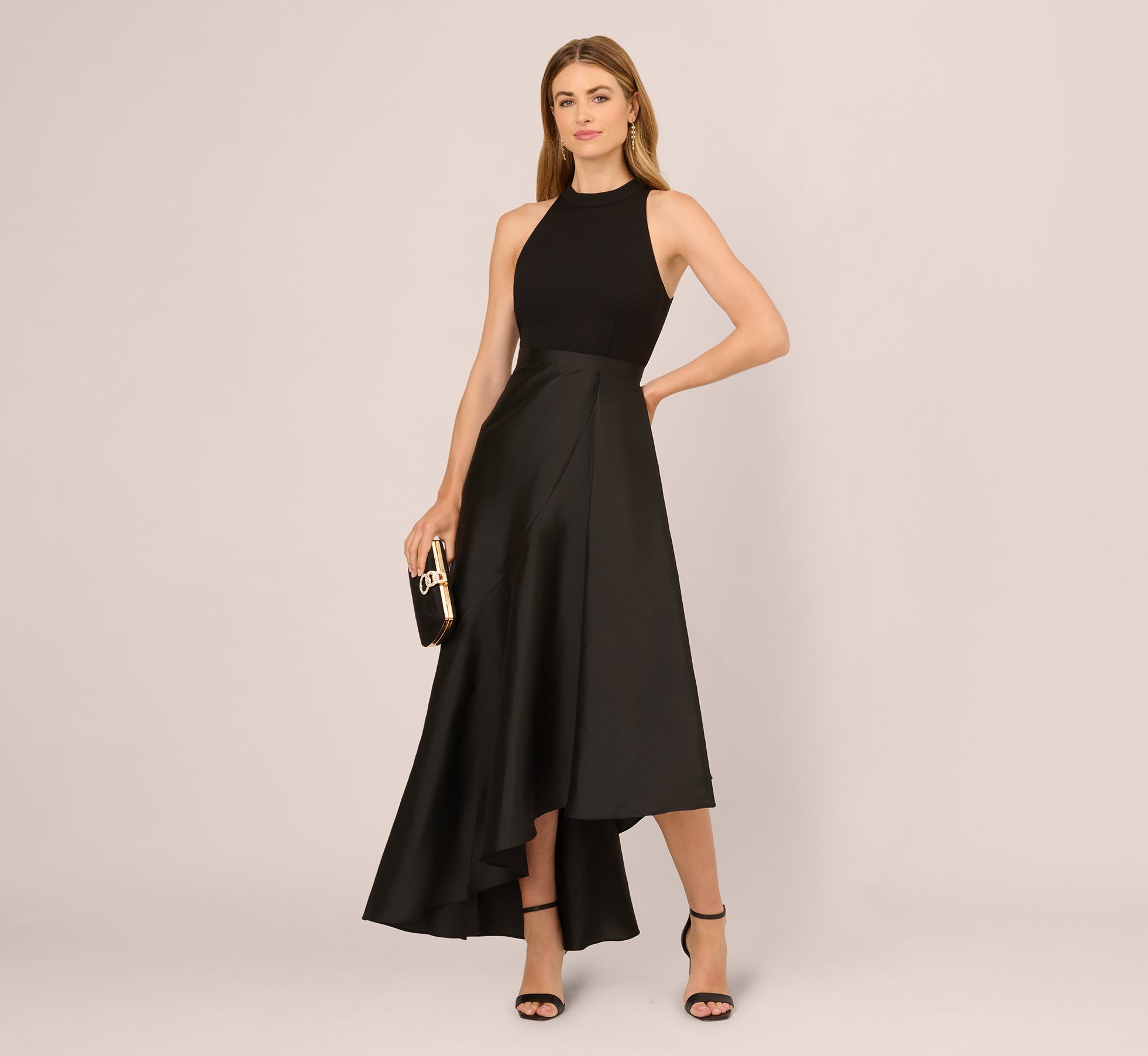 Black Sleeveless Asymmetrical Draped Taffeta Combo Gown - Adrianna Papell Black Sleeveless Asymmetrical Draped Taffeta Combo Gown - Adrianna Papell