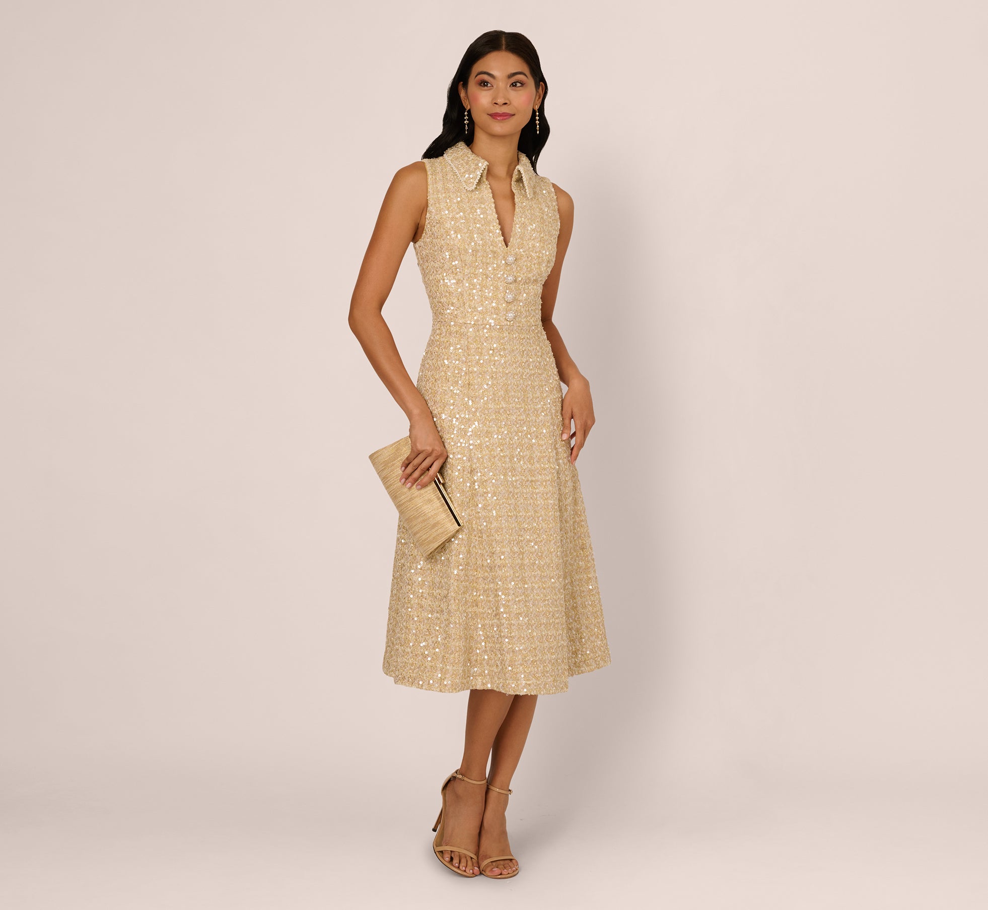 Collared Sequin Tweed Midi Dress In Champagne Collared Sequin Tweed Midi Dress In Champagne