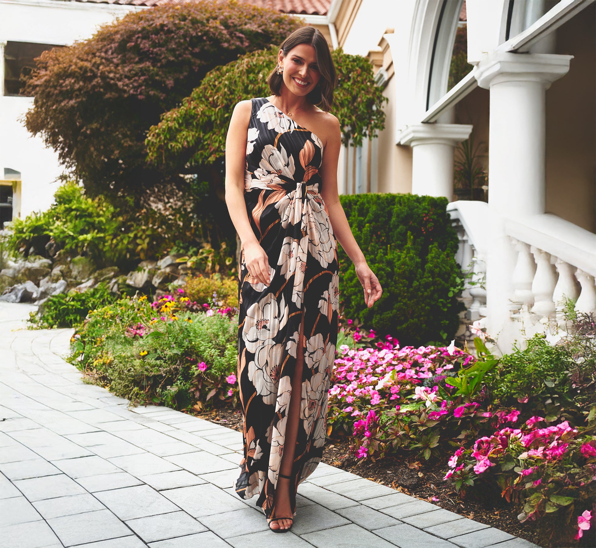 Adrianna Papell One-Shoulder Floral Ribbon Stripe Gown Adrianna Papell One-Shoulder Floral Ribbon Stripe Gown
