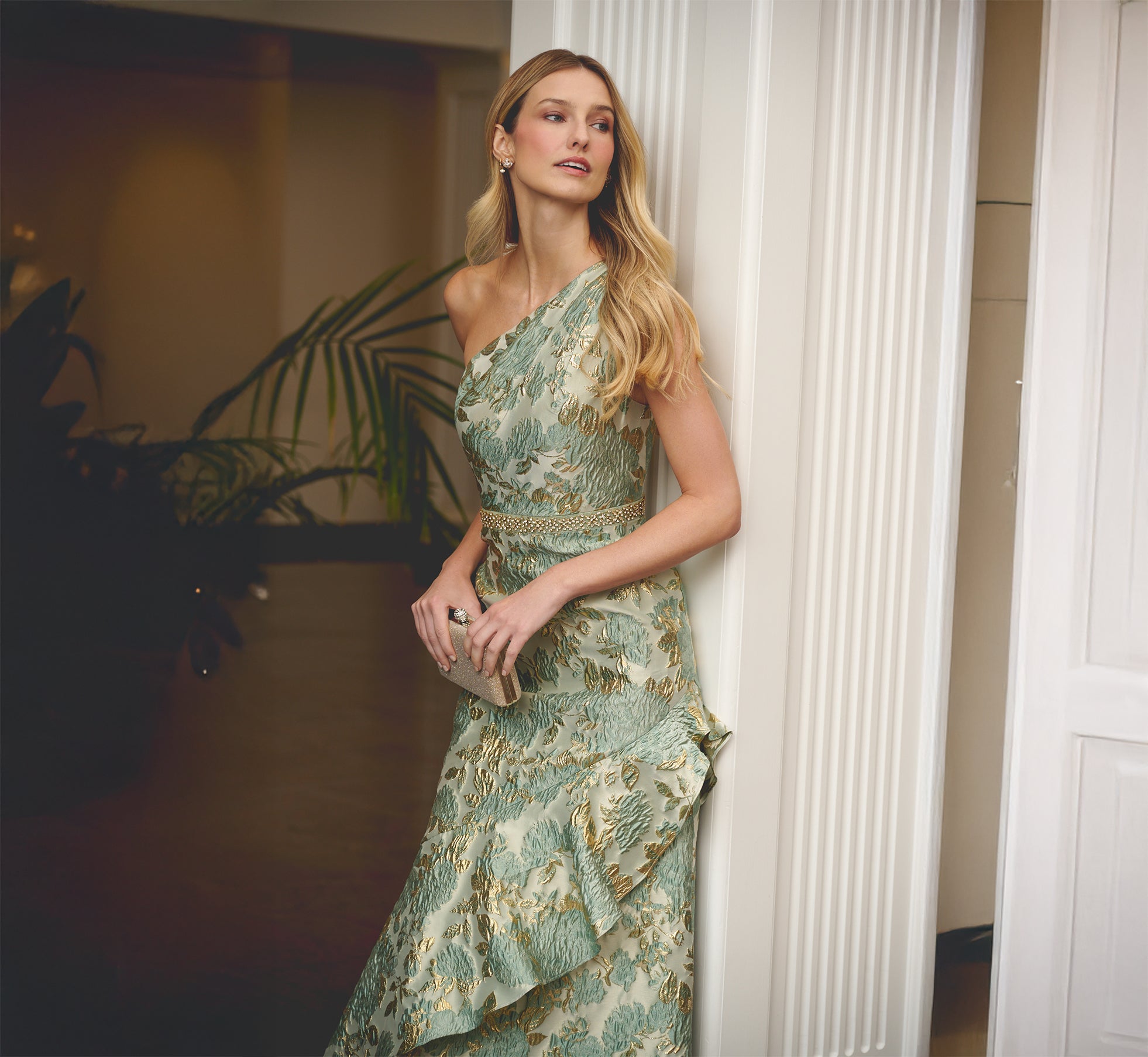 One Shoulder Beaded Metallic Floral Gown In Sage Multi One Shoulder Beaded Metallic Floral Gown In Sage Multi