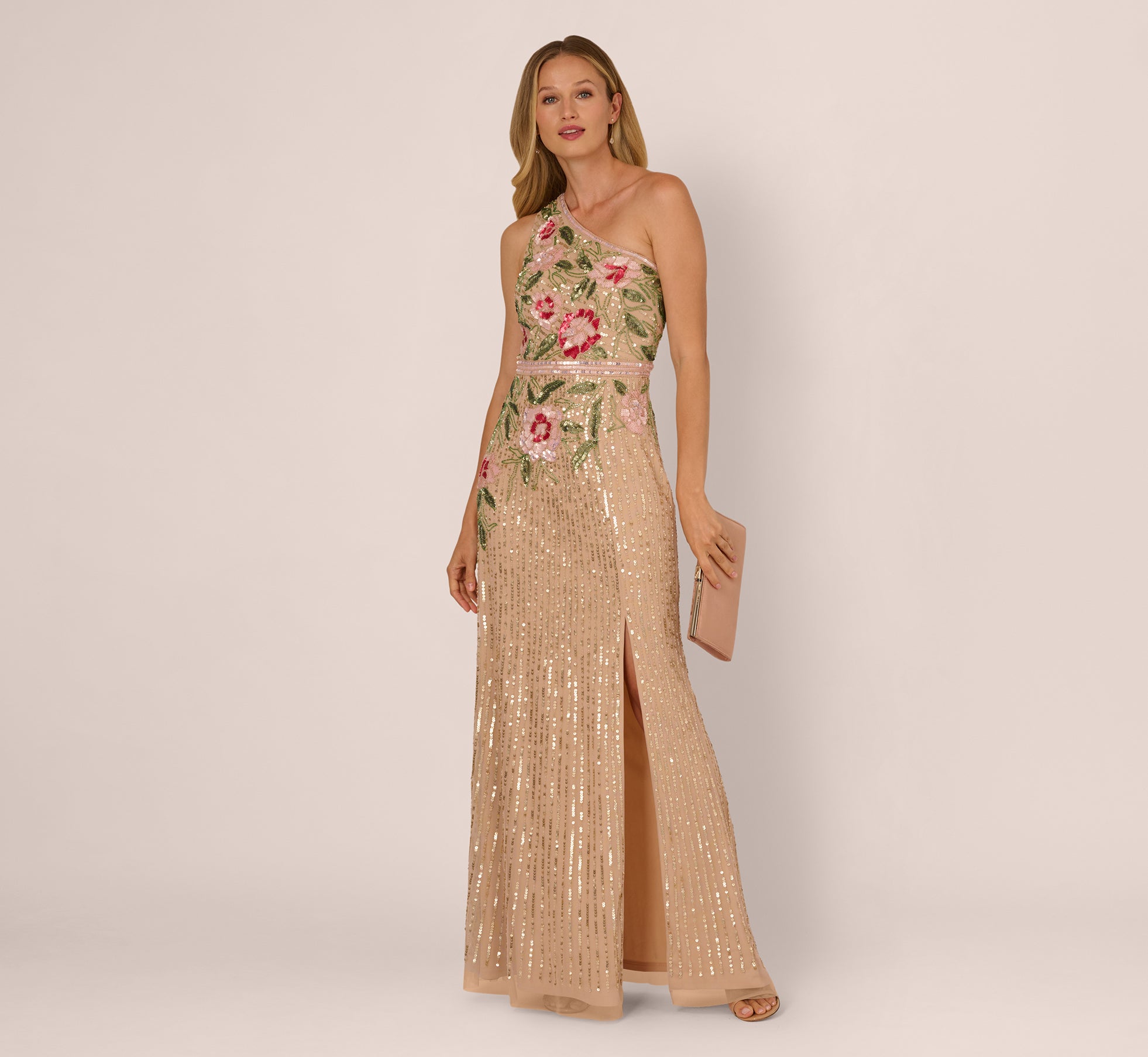 One Shoulder Floral Sequin Bead Gown In Nude Multi Adrianna Papell