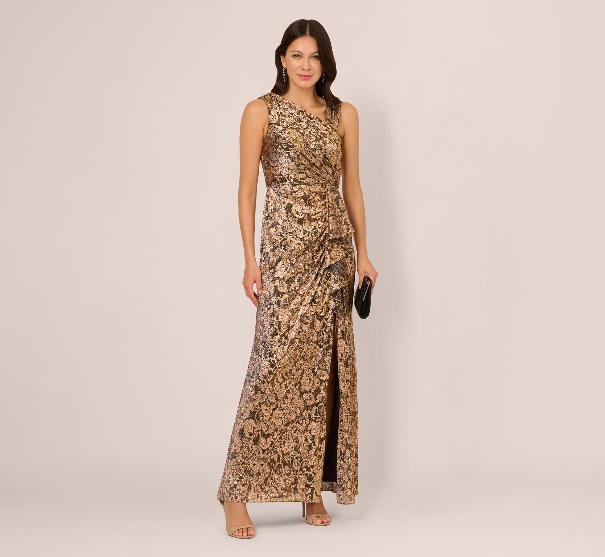 Brown Sleeveless Asymmetrical Damask Metallic Gown - Adrianna Papell Brown Sleeveless Asymmetrical Damask Metallic Gown - Adrianna Papell