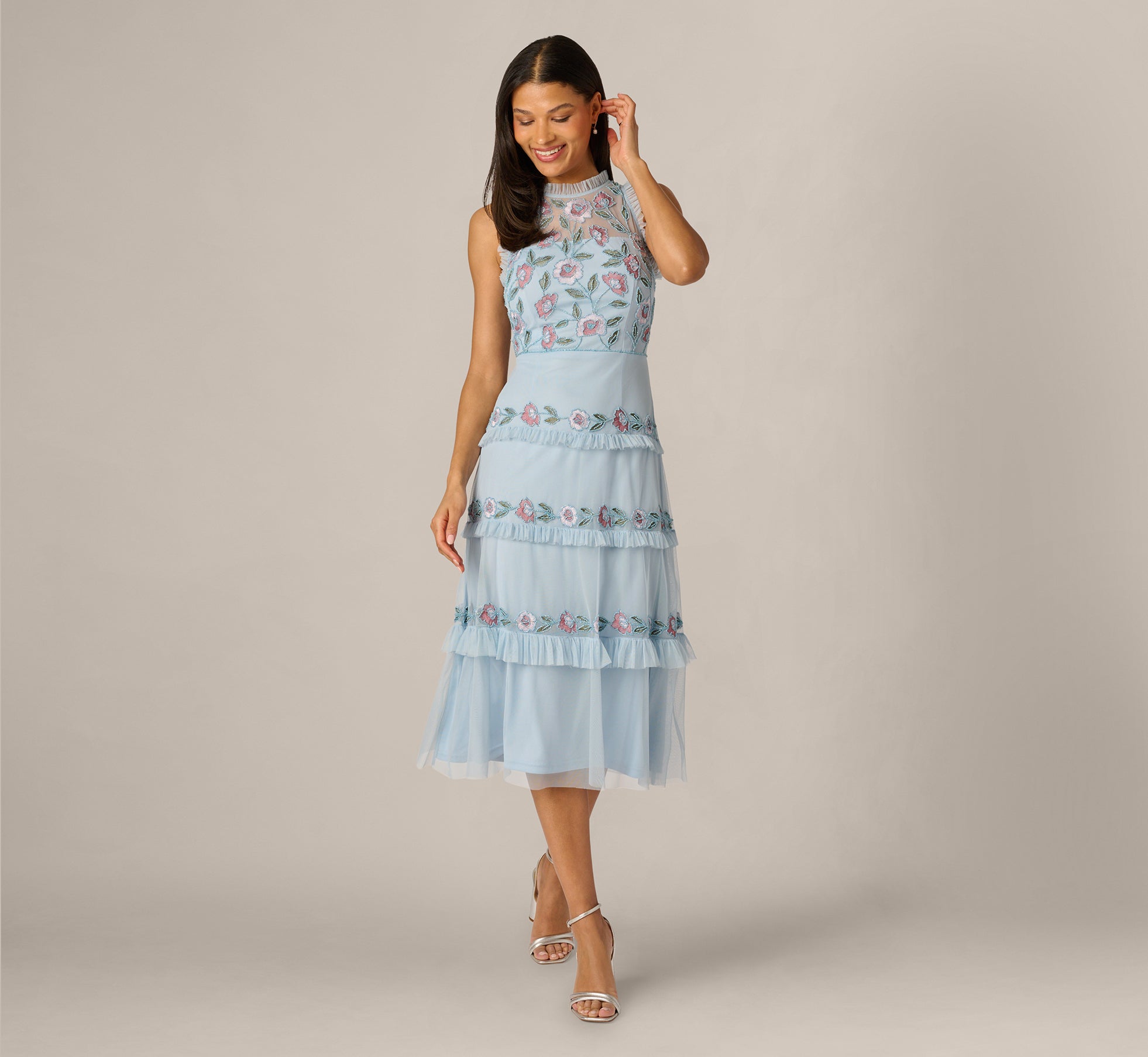 Adrianna Papell Ruffle Floral Beaded Mesh Crew Neck Sleeveless Midi Dress, Womens, 16, Elegant Sky Multi Adrianna Papell Ruffle Floral Beaded Mesh Crew Neck Sleeveless Midi Dress, Womens, 16, Elegant Sky Multi
