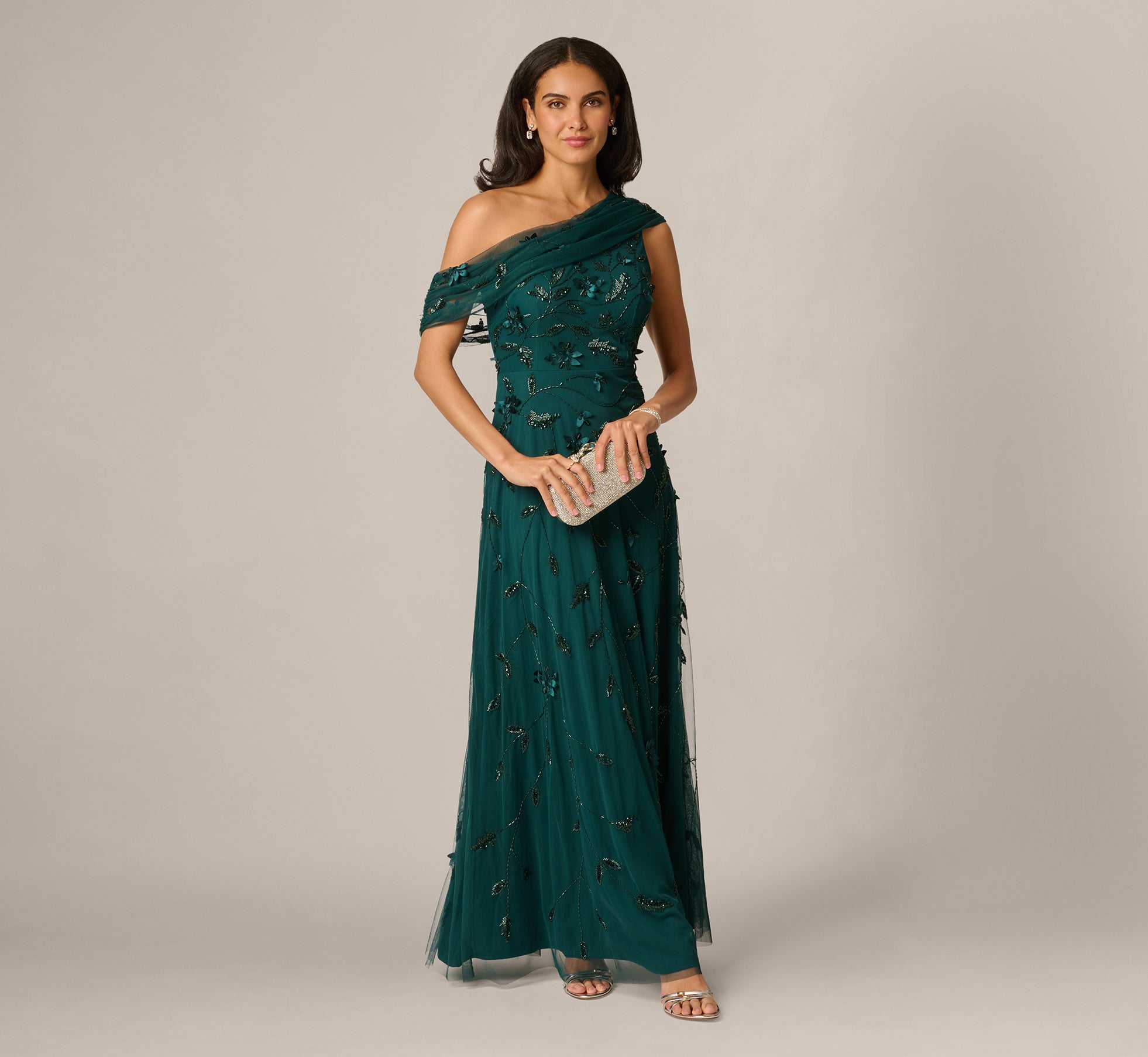 Dark Green One Shoulder Draped Floral Beaded Gown