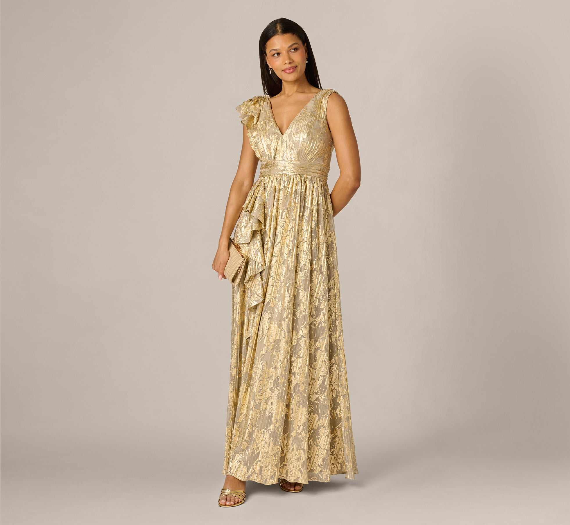 Sleeveless Metallic Crinkle Ruffle Gown In Champagne Gold Sleeveless Metallic Crinkle Ruffle Gown In Champagne Gold