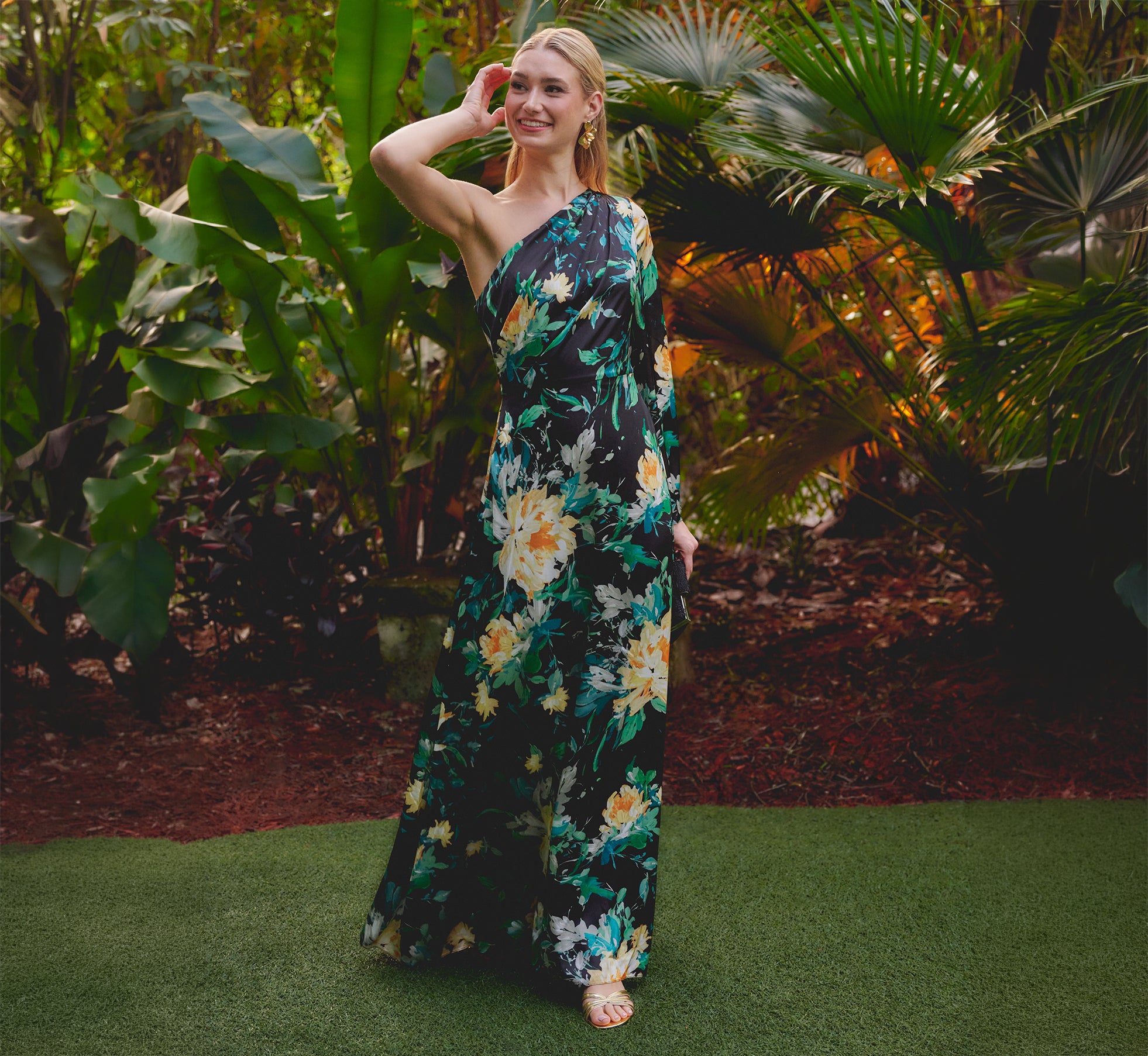 Adrianna Papell One-shoulder Floral Satin Gown With Bell Sleeve - Black Multi Adrianna Papell One-shoulder Floral Satin Gown With Bell Sleeve - Black Multi