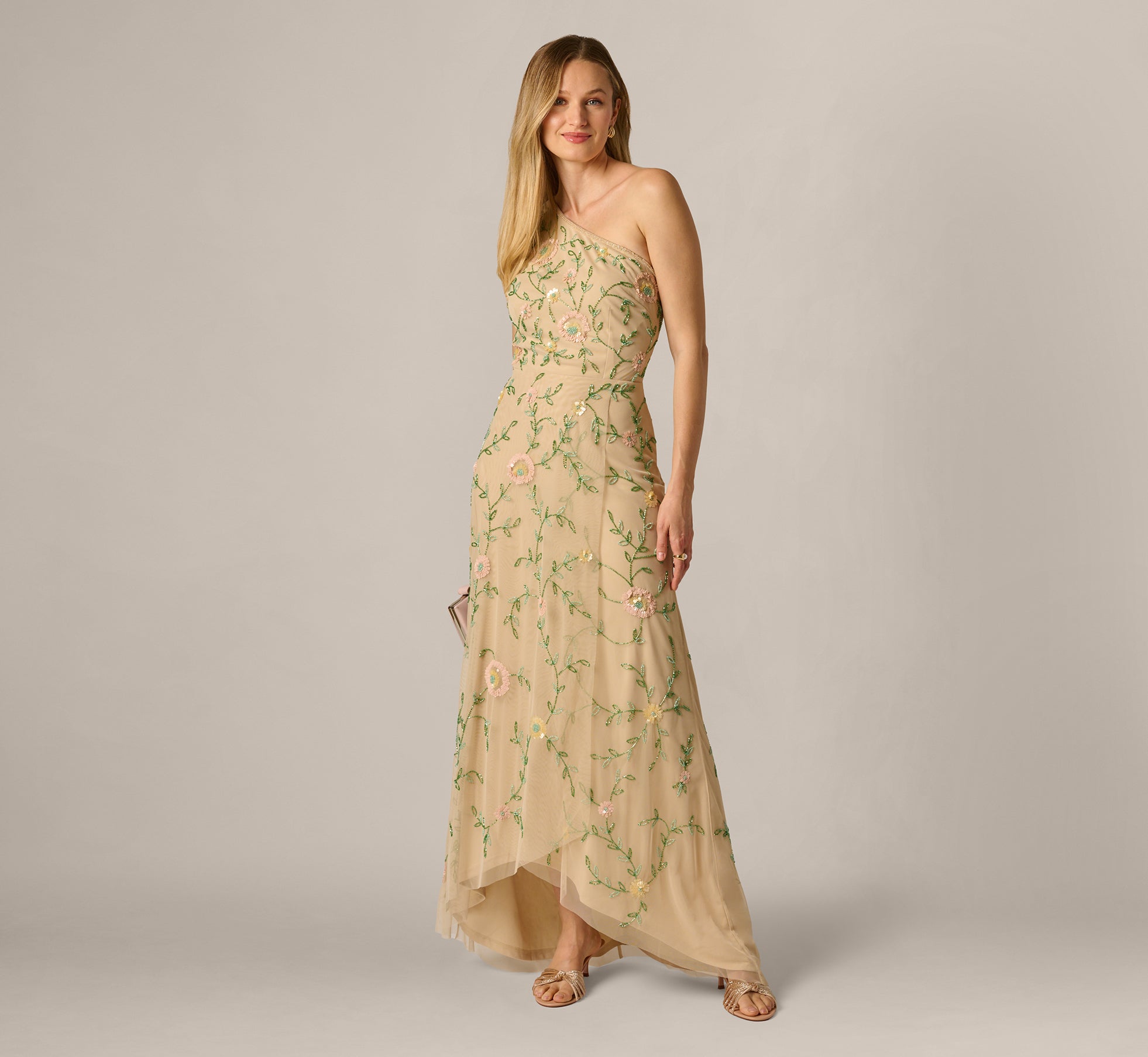 One Shoulder Floral Vine Beaded High Low Gown In Light Champagne One Shoulder Floral Vine Beaded High Low Gown In Light Champagne