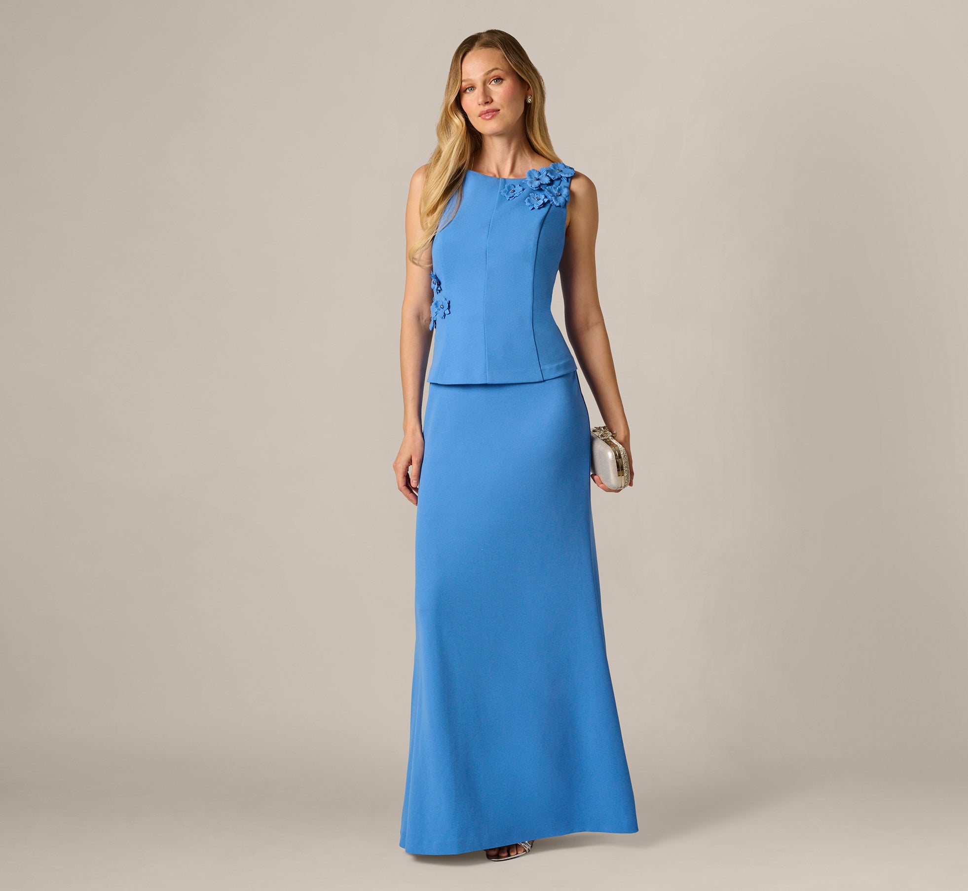 Blue 3D Floral Peplum Stretch Mermaid Gown - Adrianna Papell Blue 3D Floral Peplum Stretch Mermaid Gown - Adrianna Papell