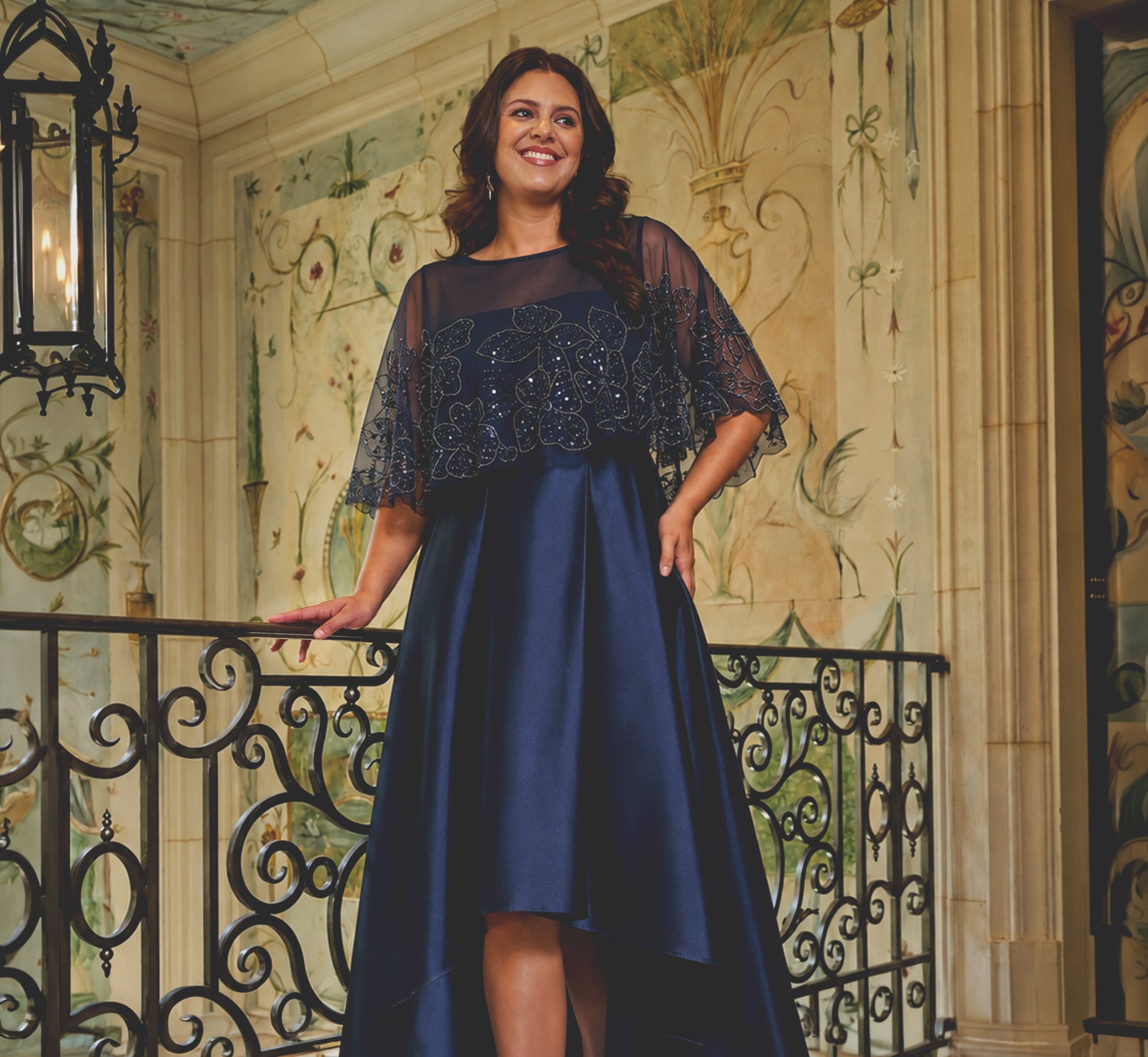 Adrianna Papell Plus Size Cape Detail Asymmetrical Ball Gown - Light Navy