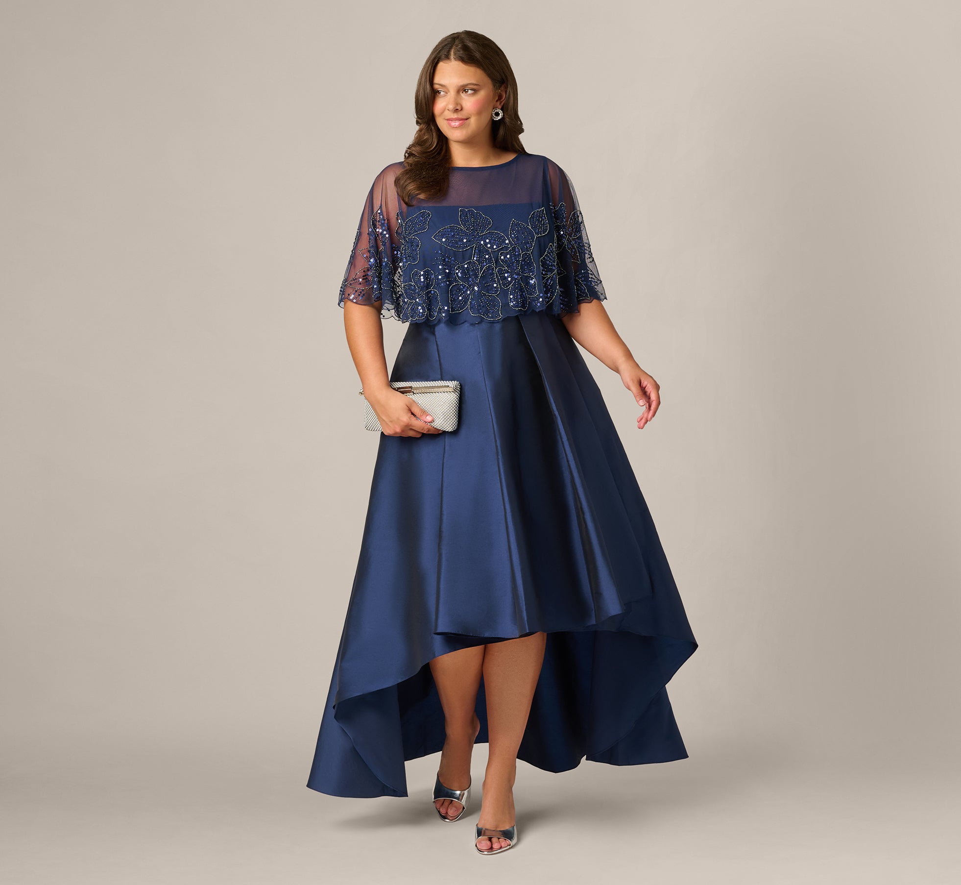 Plus Size Beaded Cape High Low Taffeta Combo Gown In Light Navy, Light Navy / Plus Size / 16 Plus Size Beaded Cape High Low Taffeta Combo Gown In Light Navy, Light Navy / Plus Size / 16