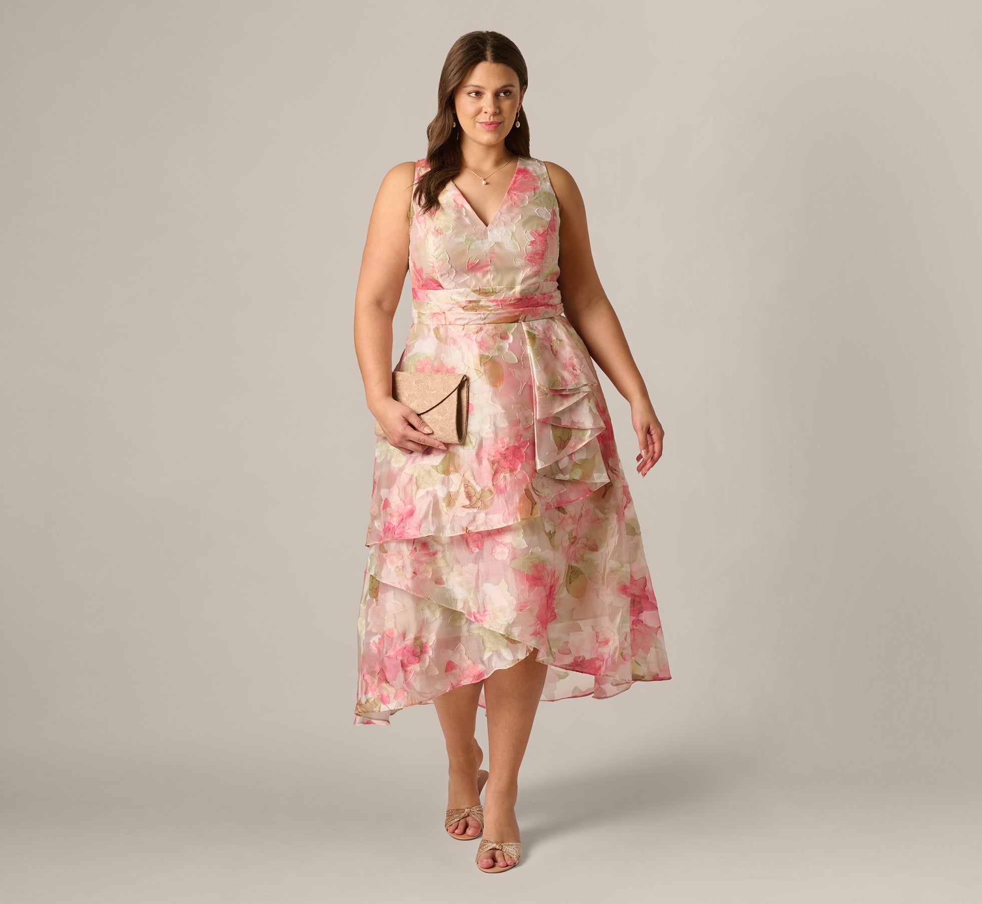 Adrianna Papell Plus Size Cascade Organza V-Neck Midi Dress - Sage Multi - Size 16W Adrianna Papell Plus Size Cascade Organza V-Neck Midi Dress - Sage Multi - Size 16W