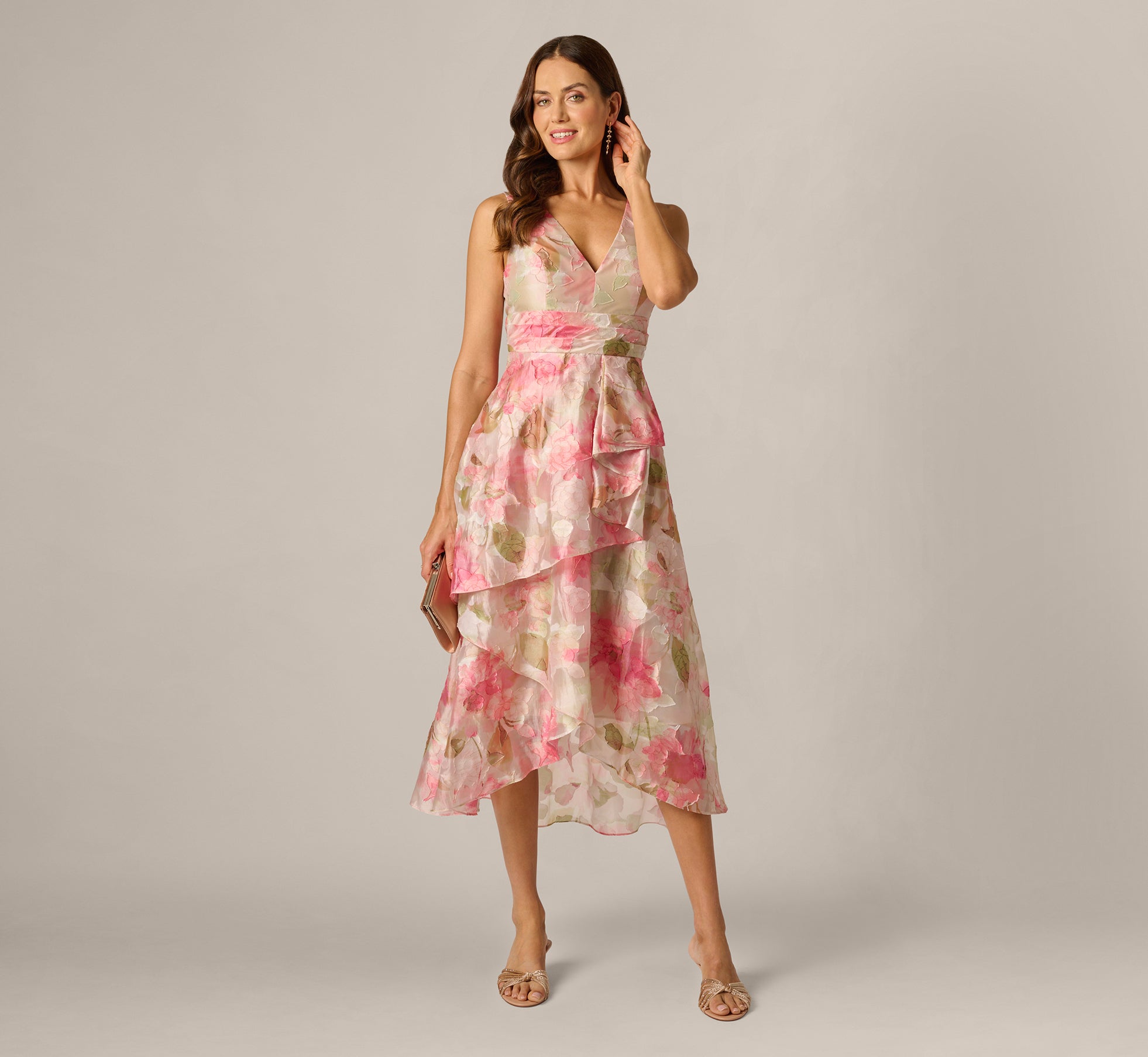 Green Floral Organza Cascade High Low Midi Dress - Adrianna Papell Green Floral Organza Cascade High Low Midi Dress - Adrianna Papell