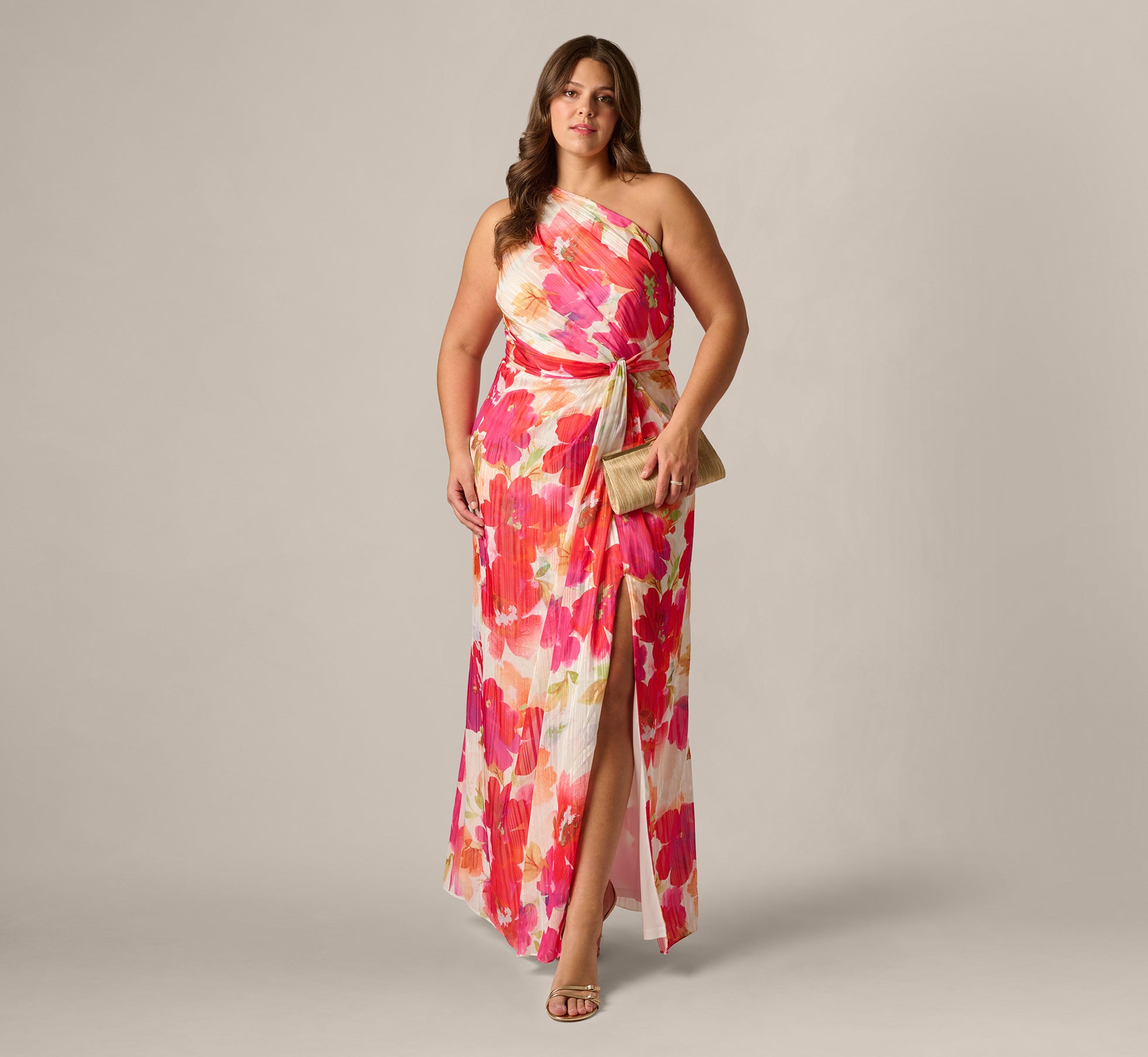 Pink Plus Size One Shoulder Watercolor Floral Stripe Gown - Adrianna Papell Pink Plus Size One Shoulder Watercolor Floral Stripe Gown - Adrianna Papell