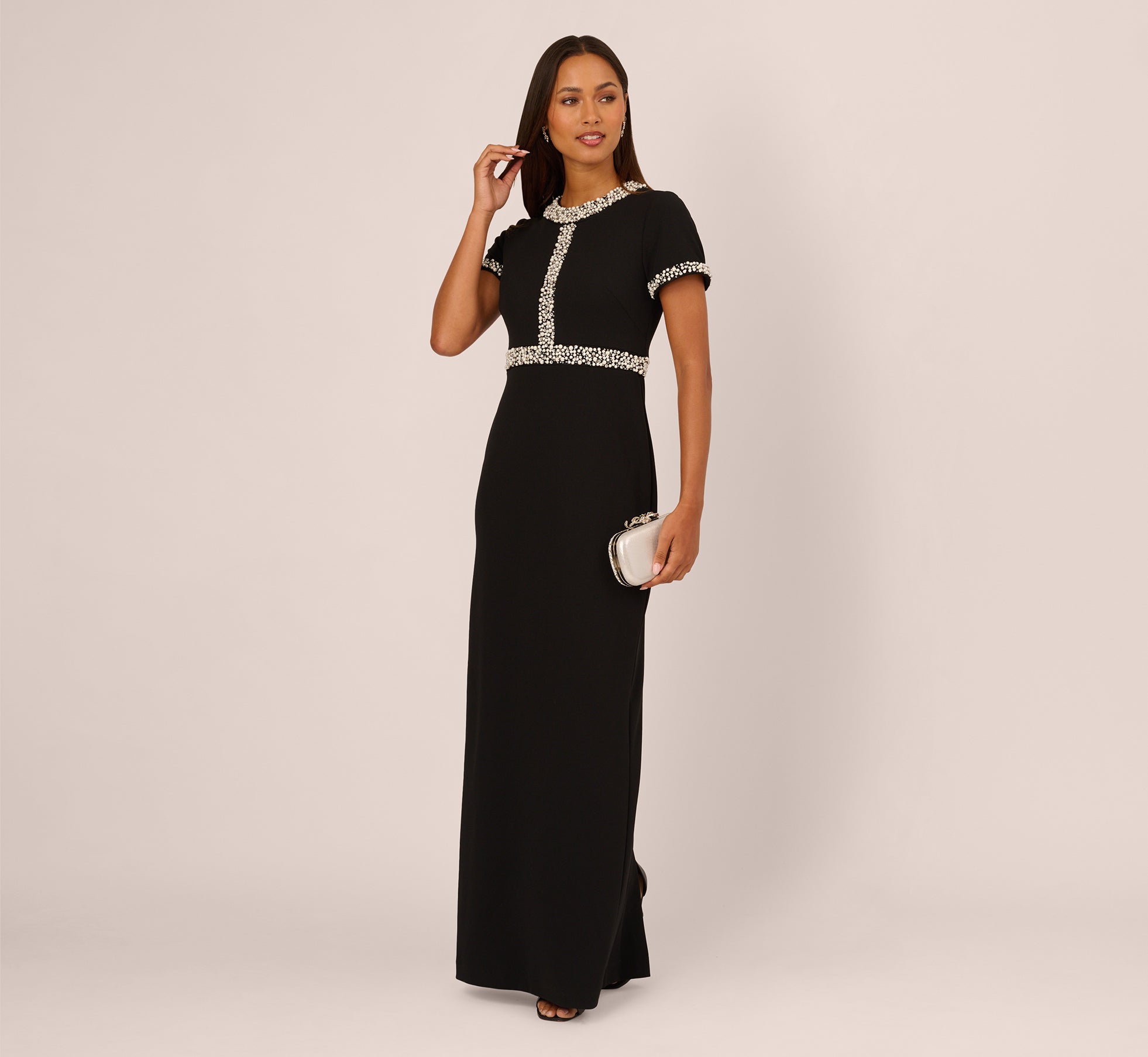 Black Short Sleeve Stretch Crepe Pearly Beaded Gown - Adrianna Papell Black Short Sleeve Stretch Crepe Pearly Beaded Gown - Adrianna Papell