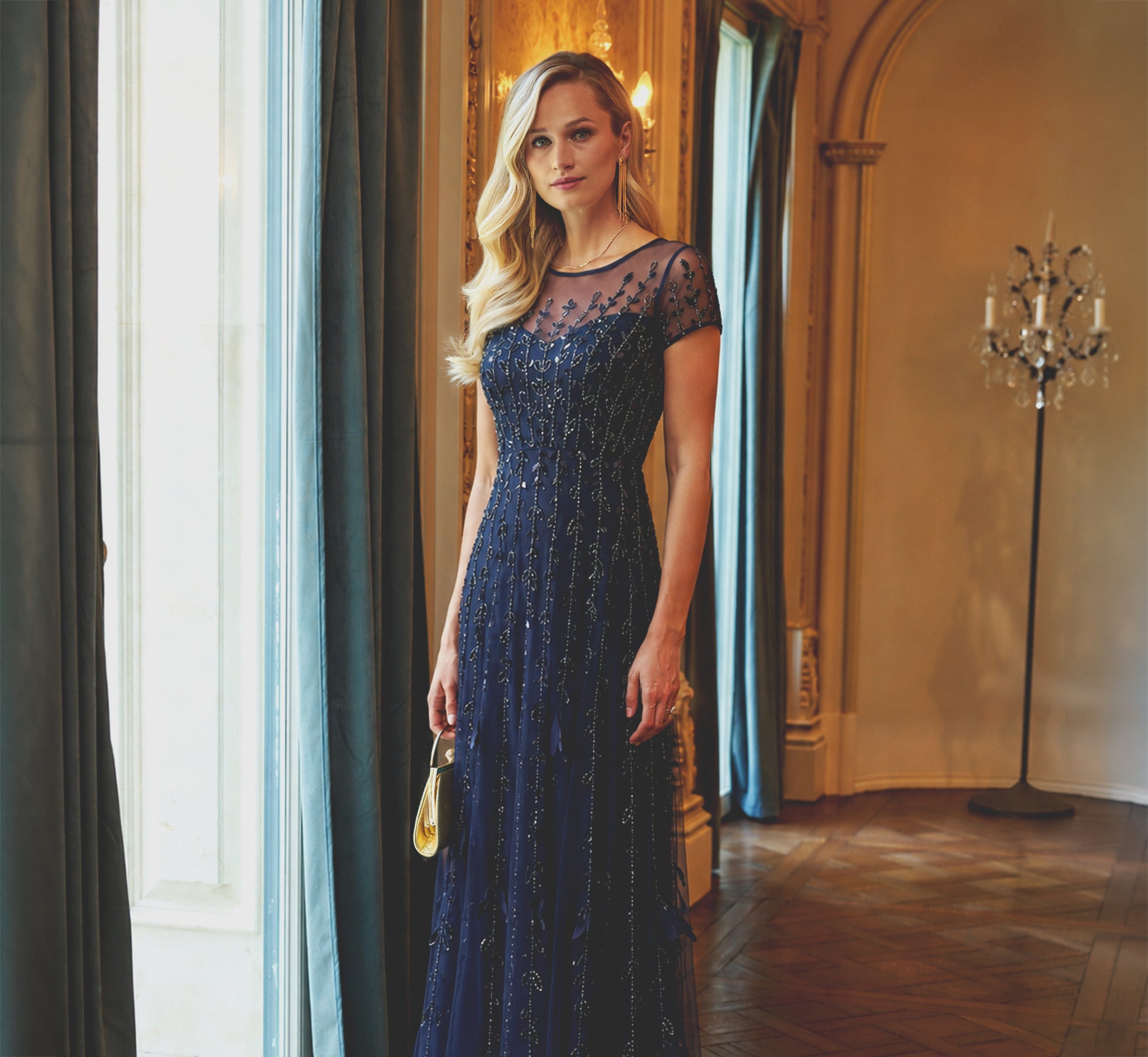 Short Sleeve 3D Beaded Vine Gown In Navy, Navy / Regular / 18
