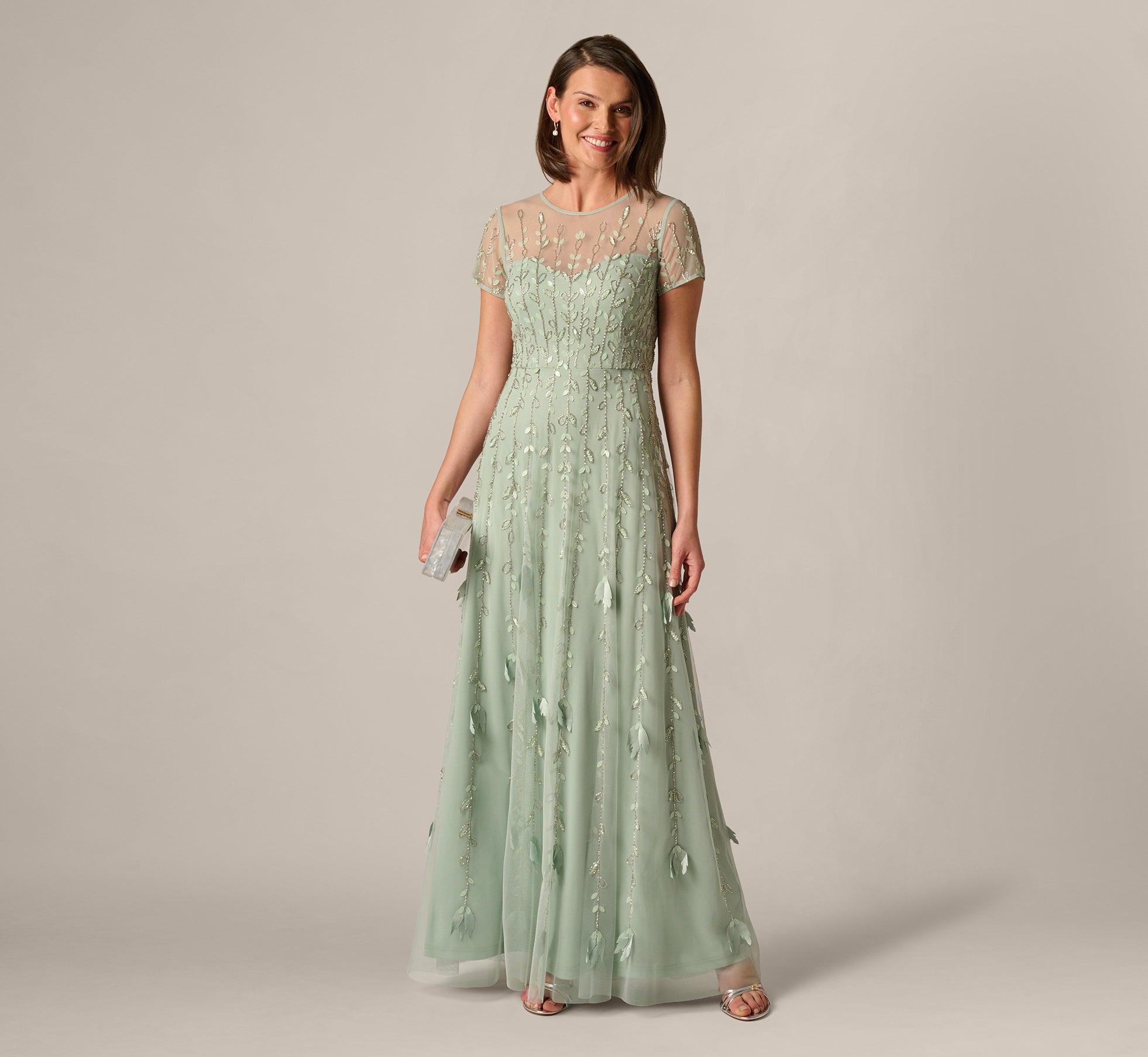 Adrianna Papell Short Sleeve 3D Beaded Vine Gown - Icy Sage Adrianna Papell Short Sleeve 3D Beaded Vine Gown - Icy Sage