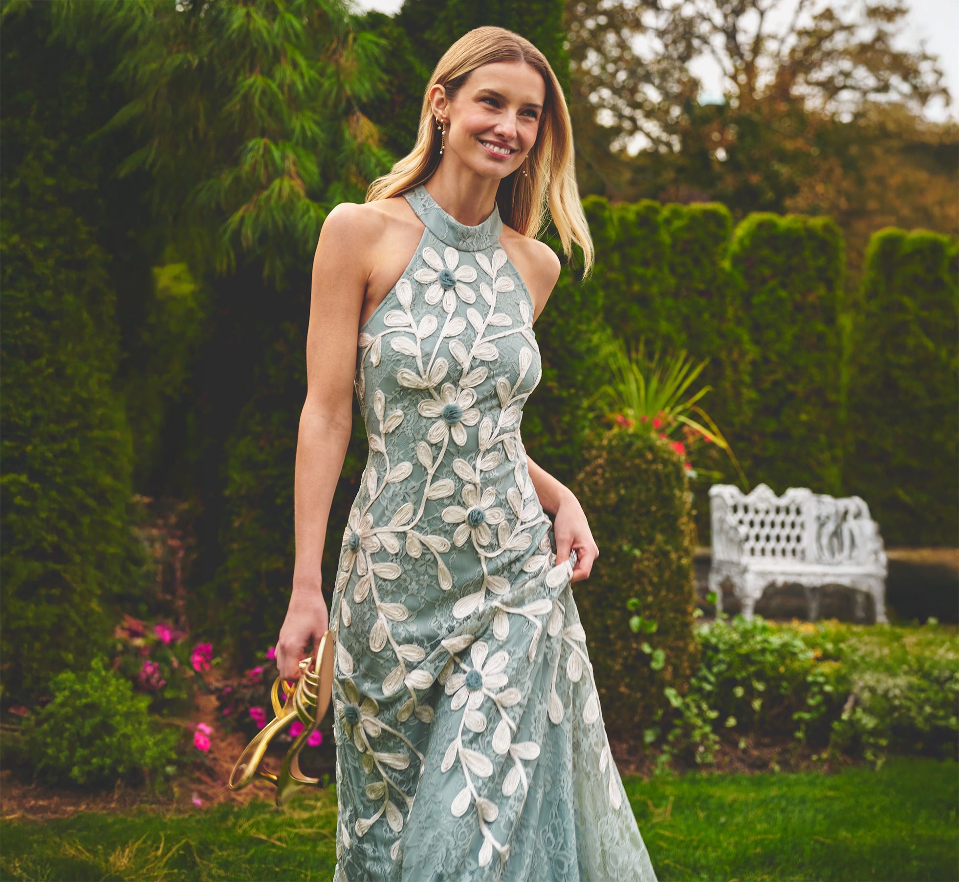 Light Green Lace Soutache Embroidery Halter Gown - Adrianna Papell Light Green Lace Soutache Embroidery Halter Gown - Adrianna Papell