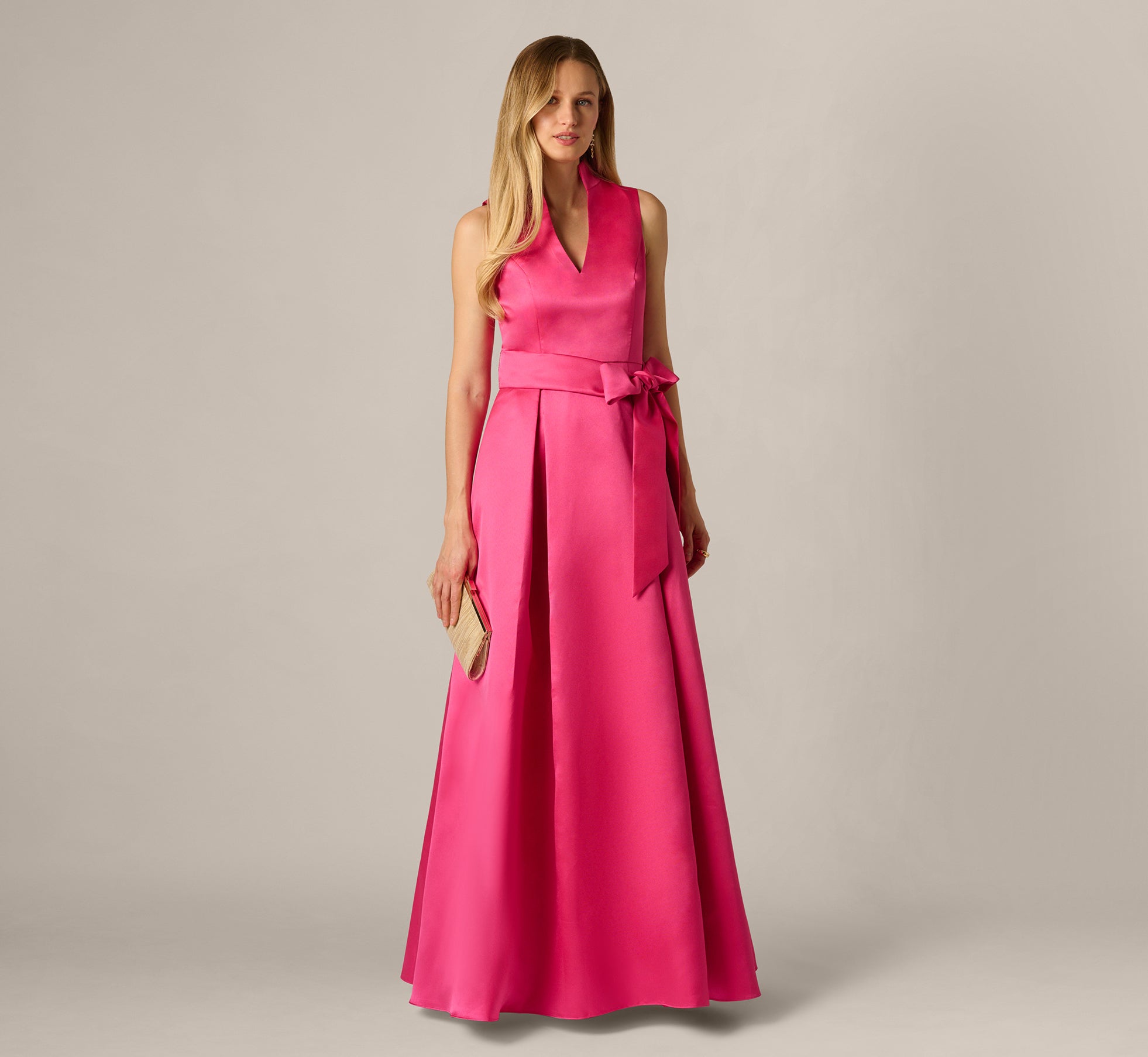 Sleeveless Queen Anne Tie Front Ballgown In Electric Pink Sleeveless Queen Anne Tie Front Ballgown In Electric Pink