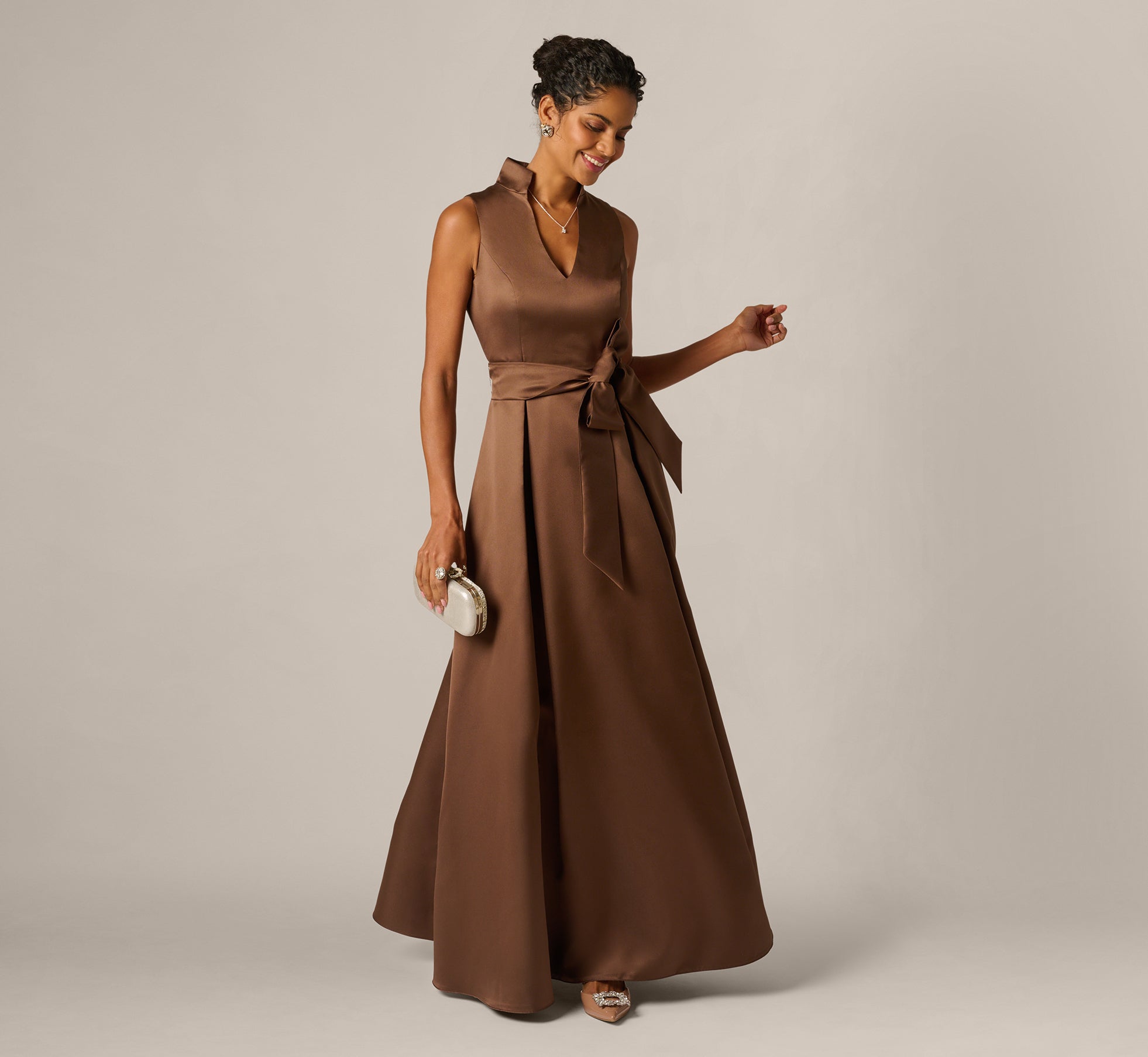 Brown Sleeveless Queen Anne Tie Front Ballgown - Adrianna Papell Brown Sleeveless Queen Anne Tie Front Ballgown - Adrianna Papell
