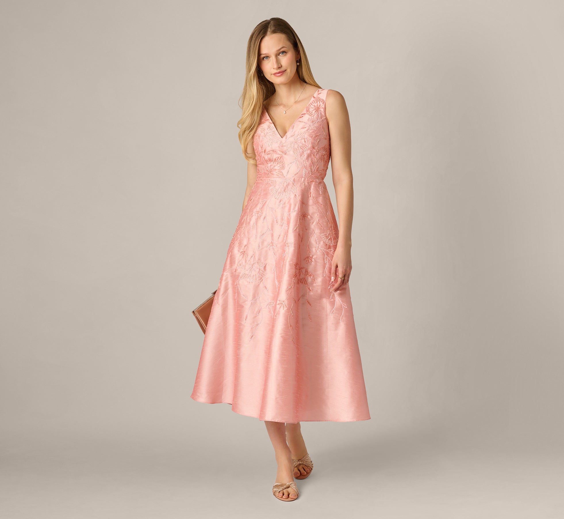 Adrianna Papell Embroidered Dupioni Midi Dress, Womens, 16, Light Pink Adrianna Papell Embroidered Dupioni Midi Dress, Womens, 16, Light Pink
