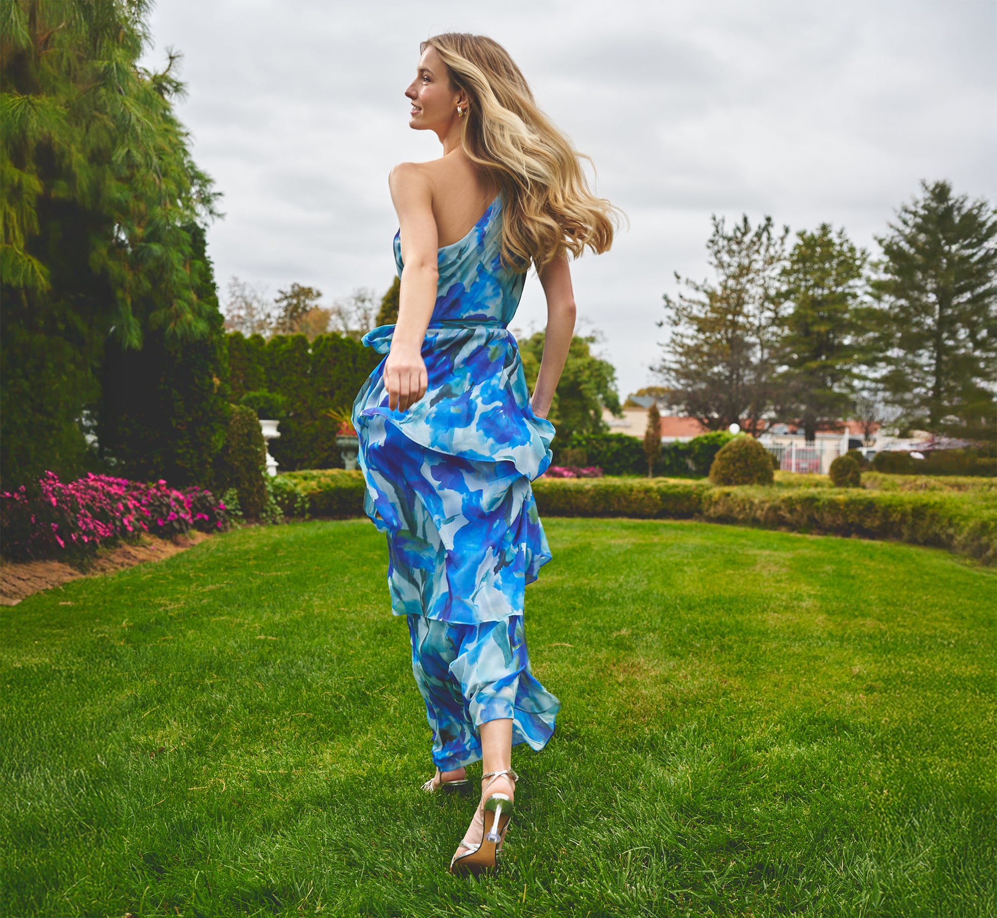 One Shoulder Tiered Floral Chiffon Gown In Blue Multi One Shoulder Tiered Floral Chiffon Gown In Blue Multi
