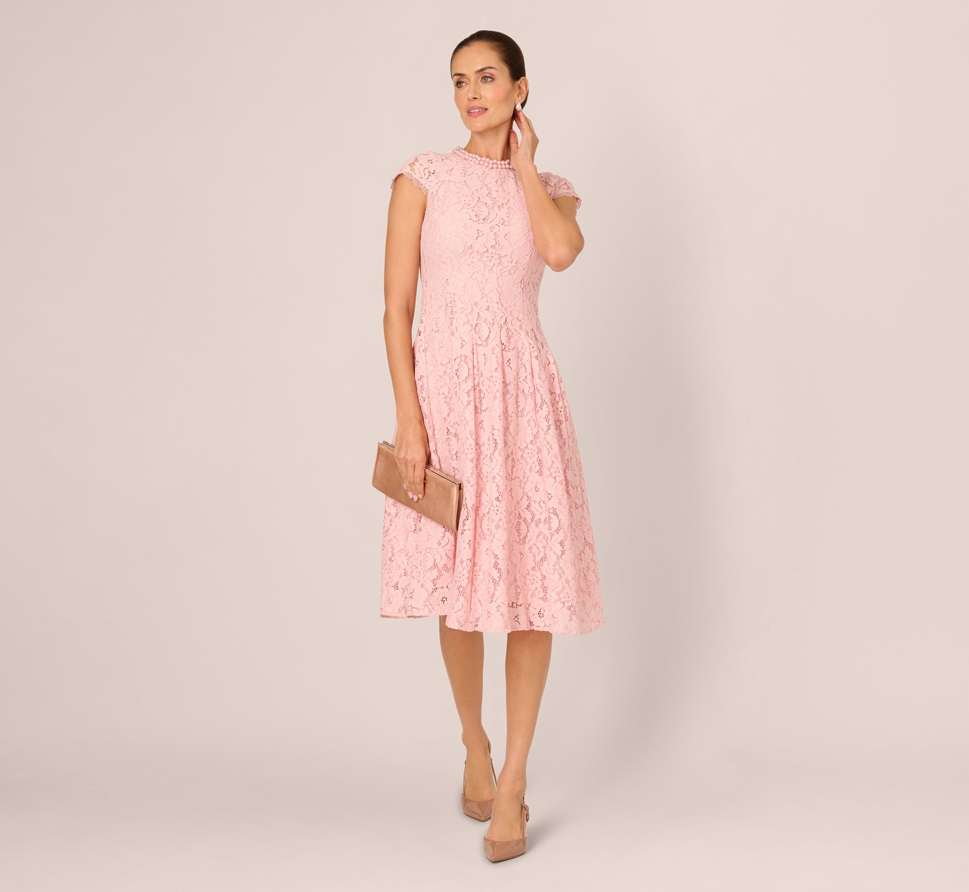 Cap Sleeve Pearly Lace Midi Dress in Blush Whisper Cap Sleeve Pearly Lace Midi Dress in Blush Whisper