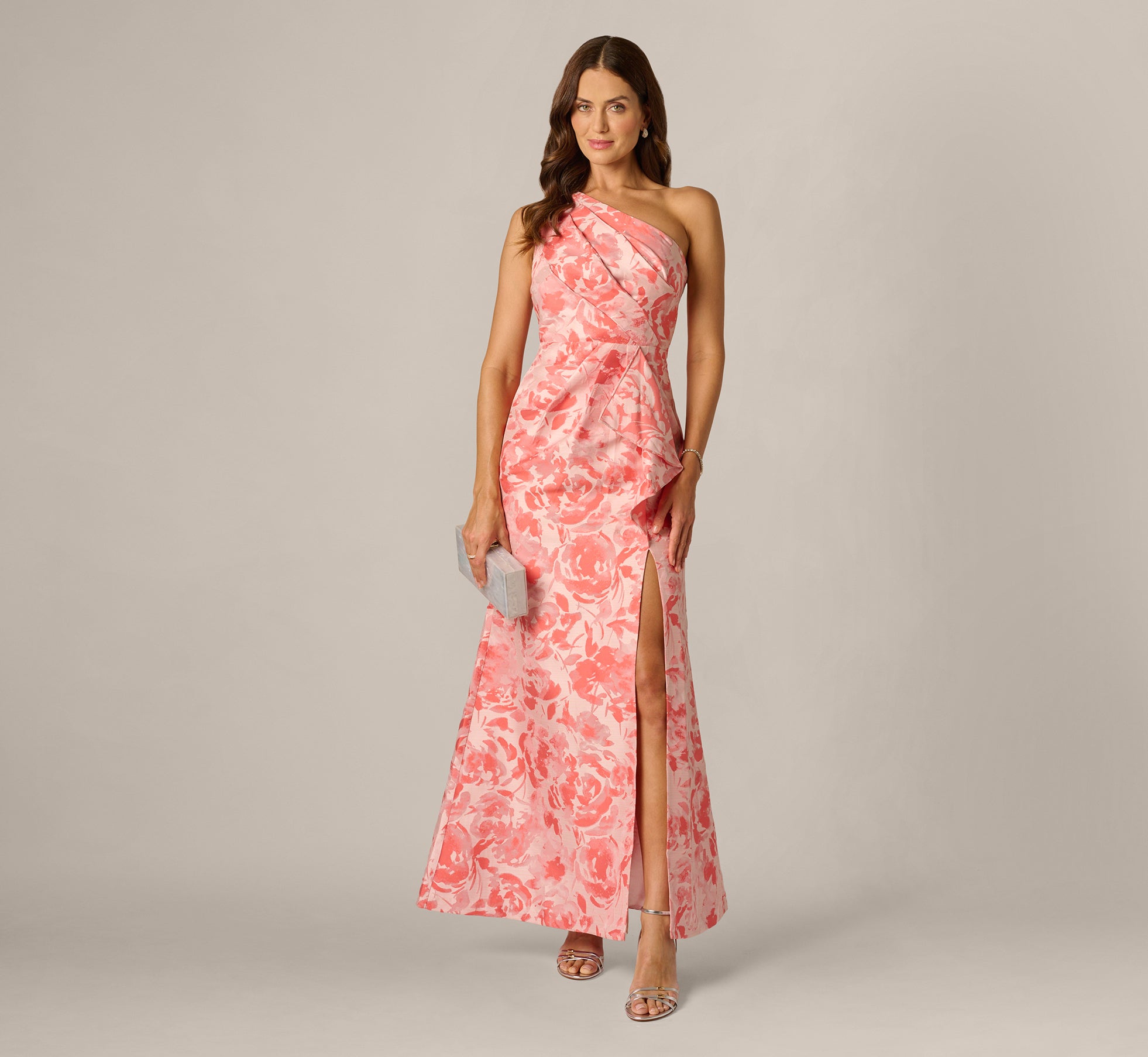 Multi Colored One Shoulder Floral Jacquard Draped Gown - Adrianna Papell Multi Colored One Shoulder Floral Jacquard Draped Gown - Adrianna Papell