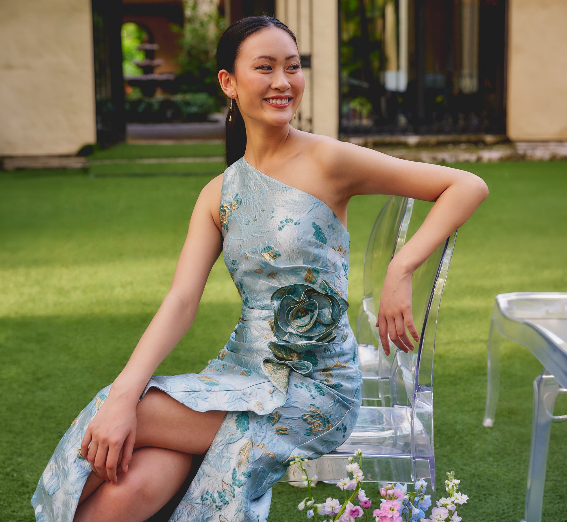 One Shoulder Floral Jacquard Rosette Gown In Blue Multi - Adrianna