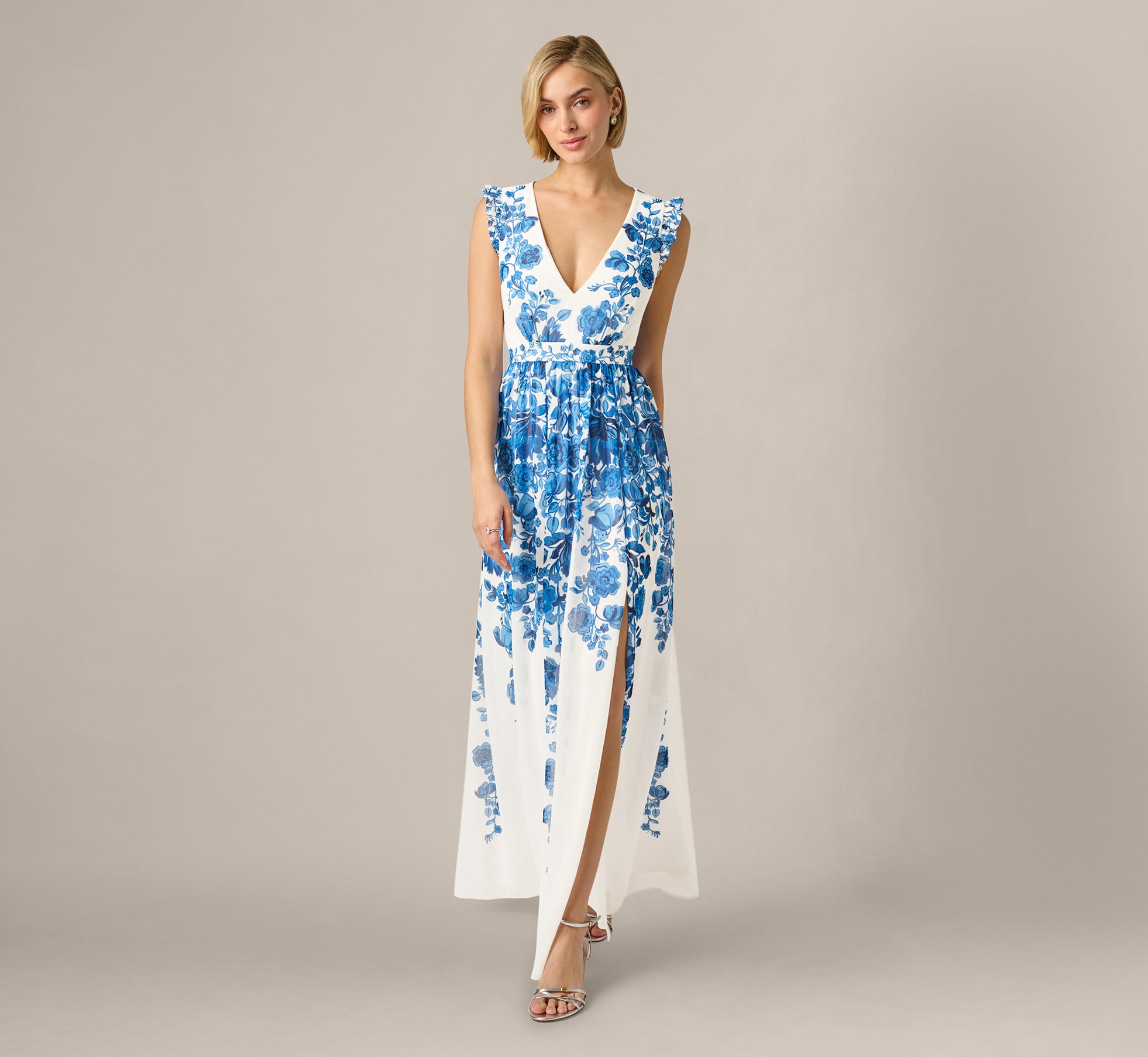 Multi Colored Chiffon Floral Vine Border Print Gown - Adrianna Papell Multi Colored Chiffon Floral Vine Border Print Gown - Adrianna Papell