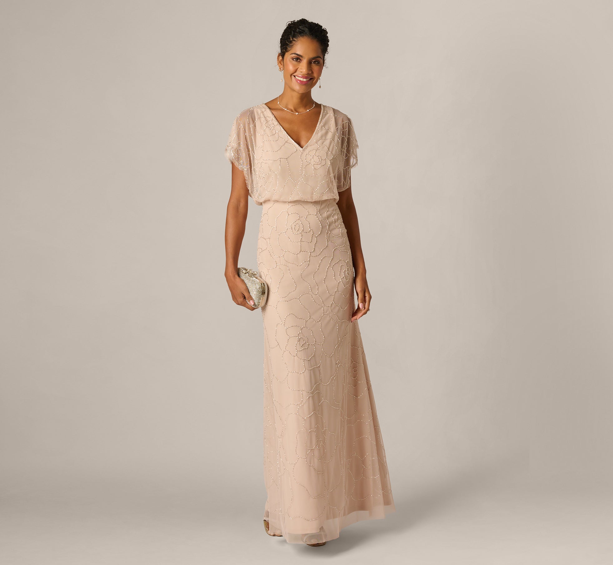 Adrianna Papell Beaded Mesh Blouson Gown In Shell at Nordstrom, Size 12 Adrianna Papell Beaded Mesh Blouson Gown In Shell at Nordstrom, Size 12