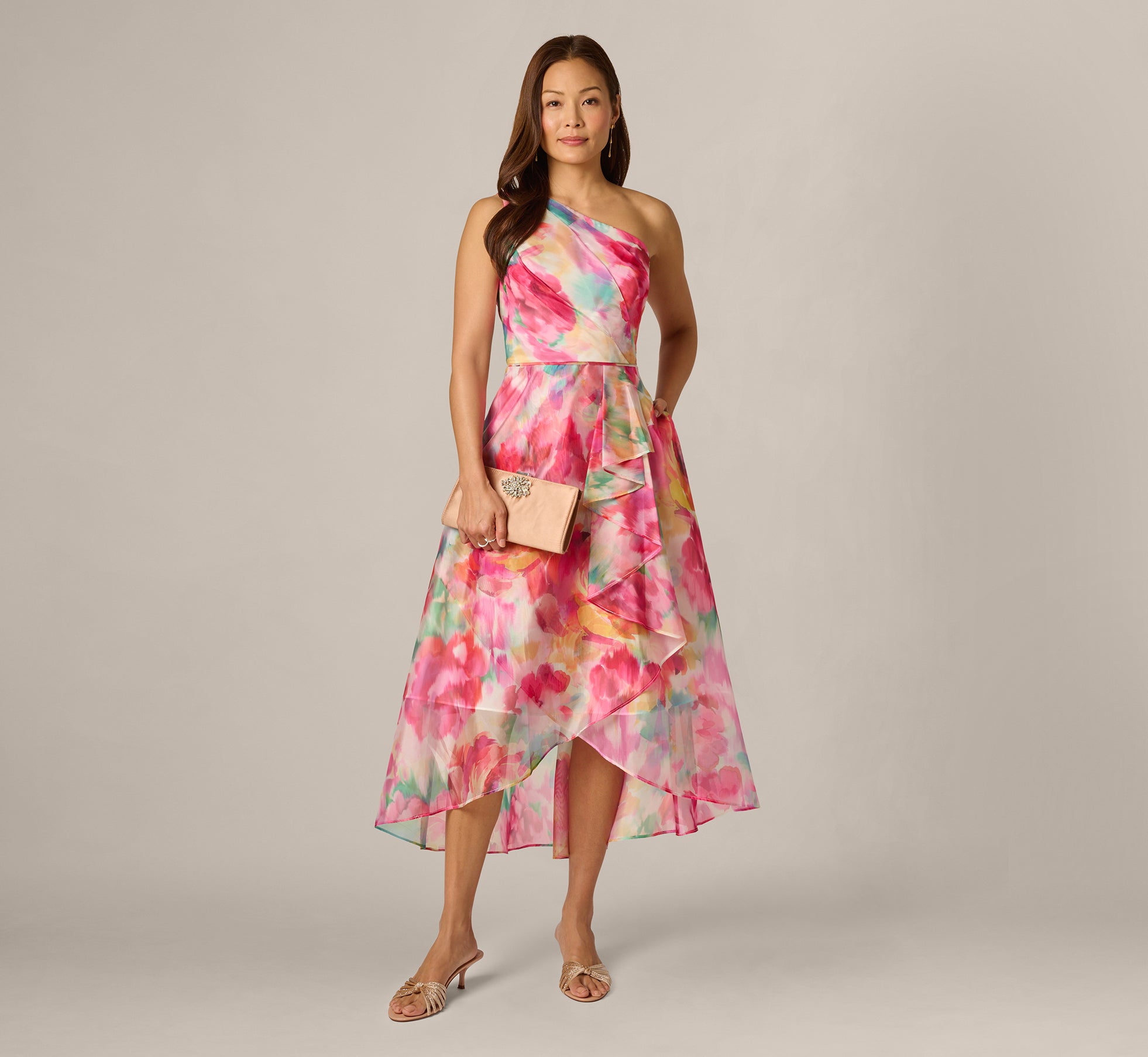 Ivory Mu Petite One Shoulder Watercolor Organza High Low Midi Dress - Adrianna Papell Ivory Mu Petite One Shoulder Watercolor Organza High Low Midi Dress - Adrianna Papell