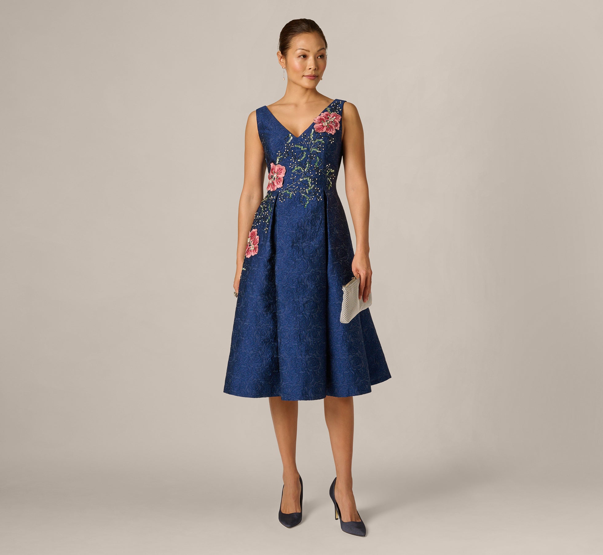 Midnight Multi Jacquard Floral Beaded Fit And Flare Midi Dress - Adrianna Papell Midnight Multi Jacquard Floral Beaded Fit And Flare Midi Dress - Adrianna Papell