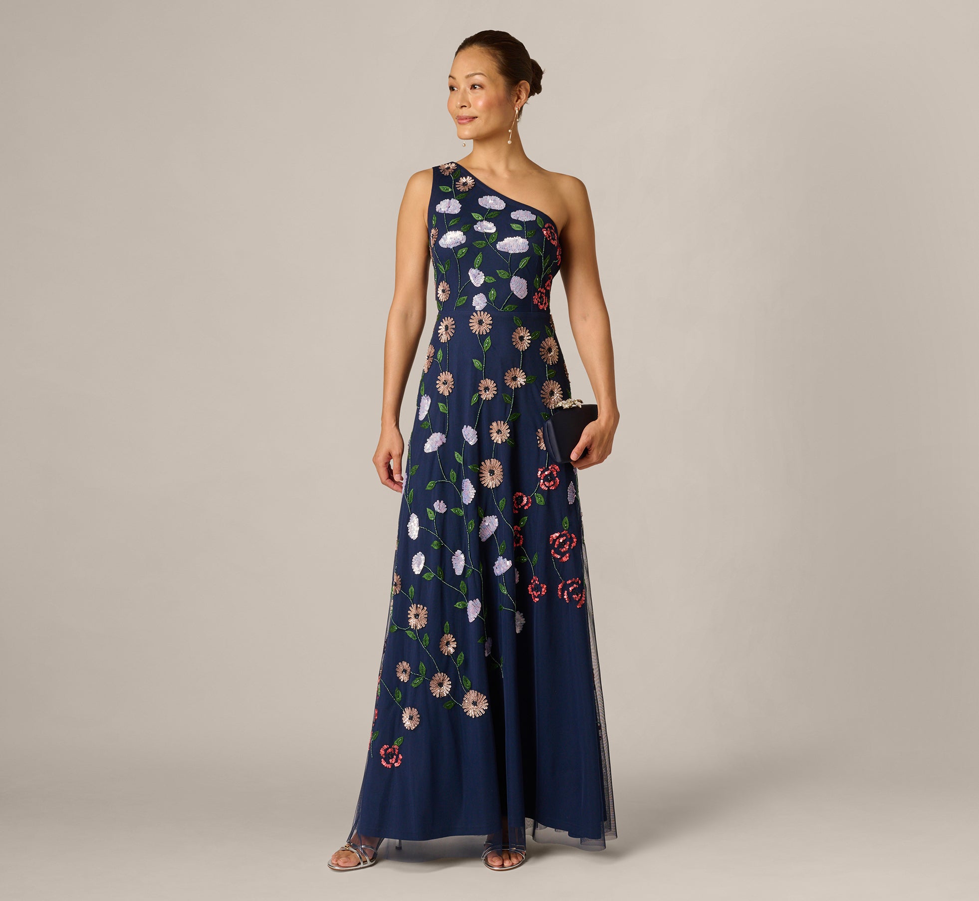 Adrianna Papell One-Shoulder Floral Beaded Gown - Navy Multi Adrianna Papell One-Shoulder Floral Beaded Gown - Navy Multi