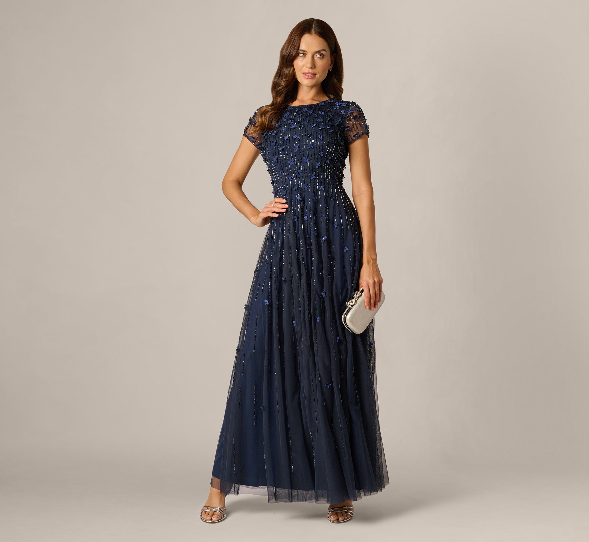 Adrianna Papell Short Sleeve Linear 3D Floral Beaded Gown