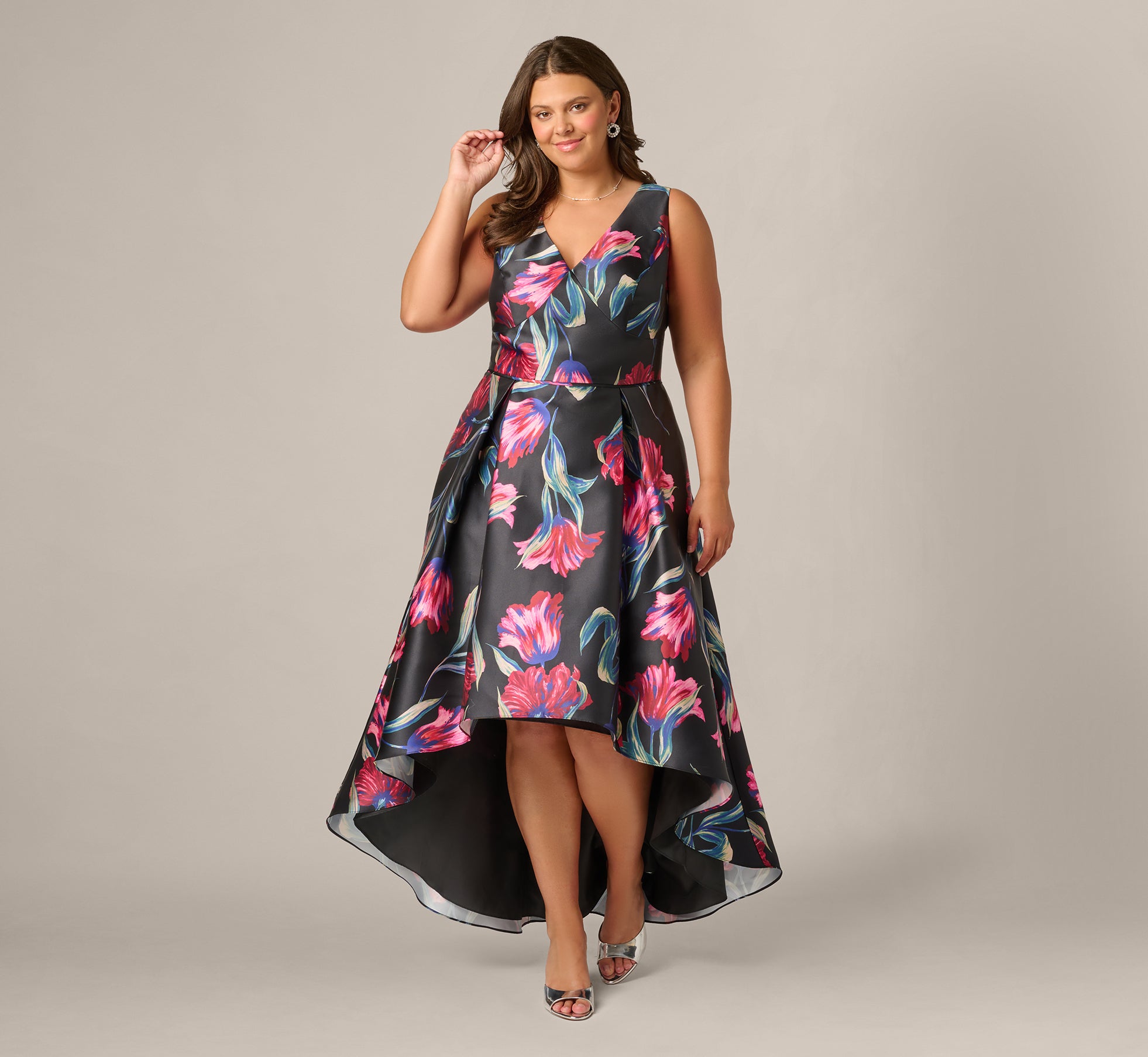 Plus Size Floral Print Mikado High Low Gown In Black Multi, Black Multi / Plus Size / 16 Plus Size Floral Print Mikado High Low Gown In Black Multi, Black Multi / Plus Size / 16